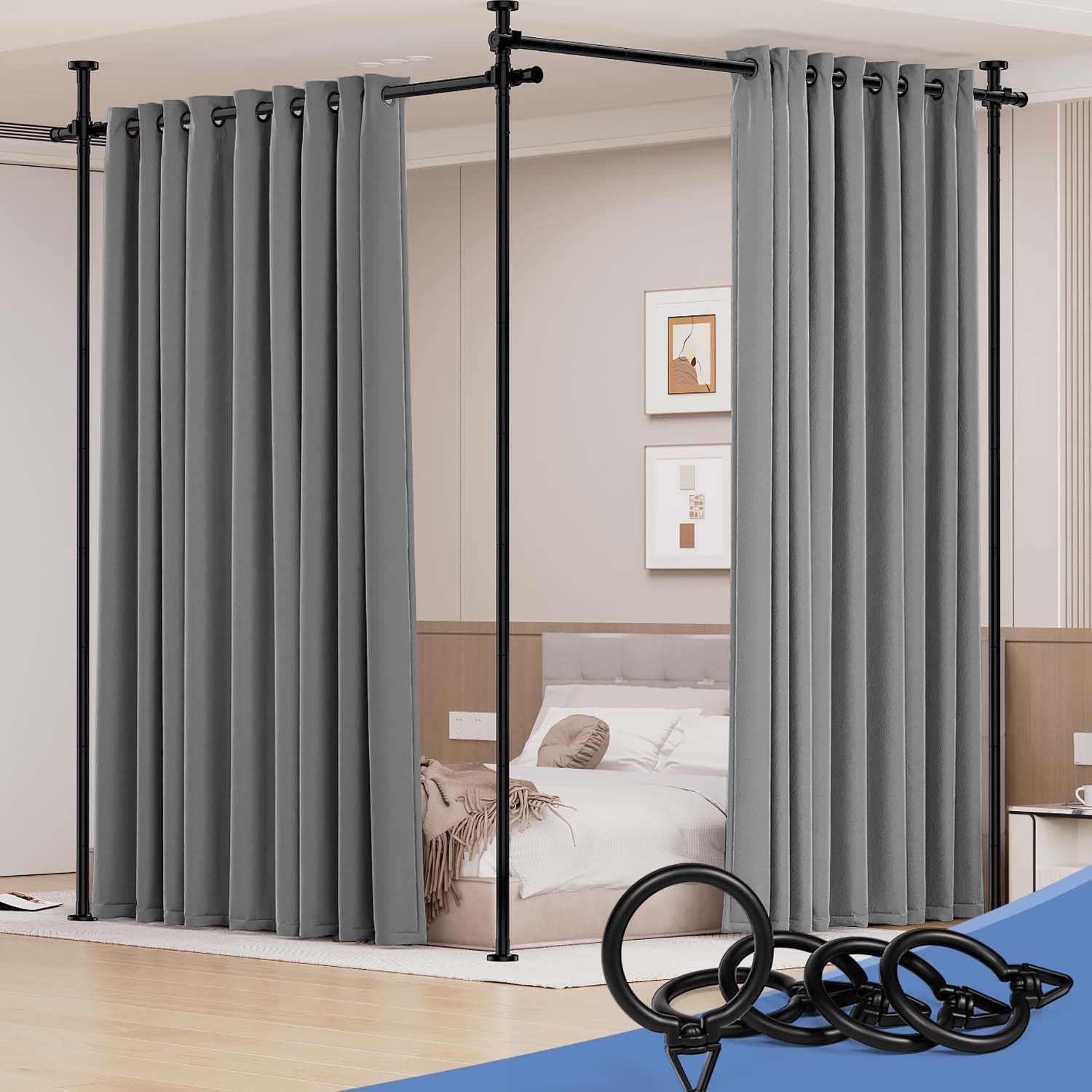 Room Divider Large Wide Curtain Rods No Drilling 4-10FT Wall Divider Adjustable Tension Rods Stand for Room Partition, Floor to Ceiling Corner Privacy Screen Panel Separator (Black, 40-180''W)