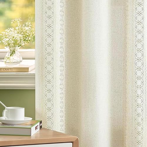 ZHOCHI Cortinas de lino para ventana, con estampado metálico de rayas bohemias, de mezcla natural, con ojales en la parte superior,
