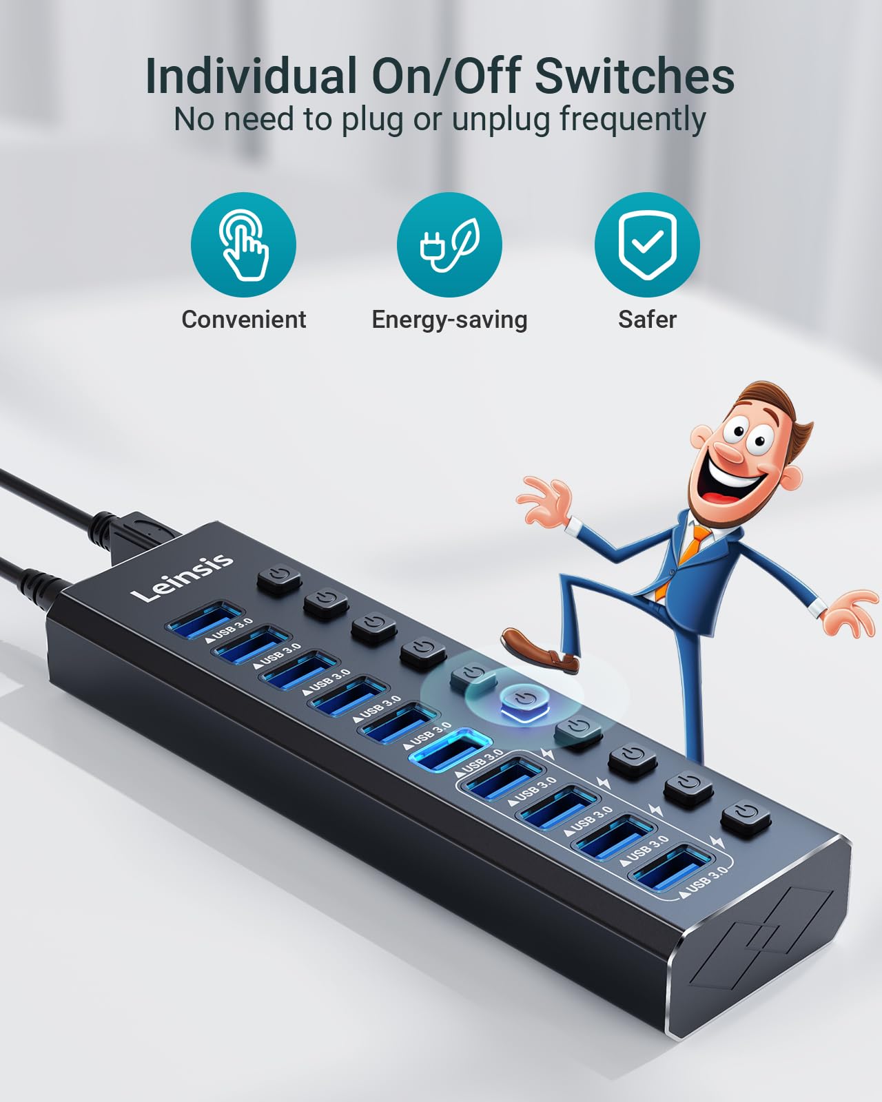 Alimenté USB Hub 3.0, 10-Port USB 3.0 Hub [Durable Aluminum] 10 Data Transfer Ports+ 4 Smart Charging Ports with Individual On/Off Switches, USB Hub 3.0 Powered with Power Adapter for Laptop PC
