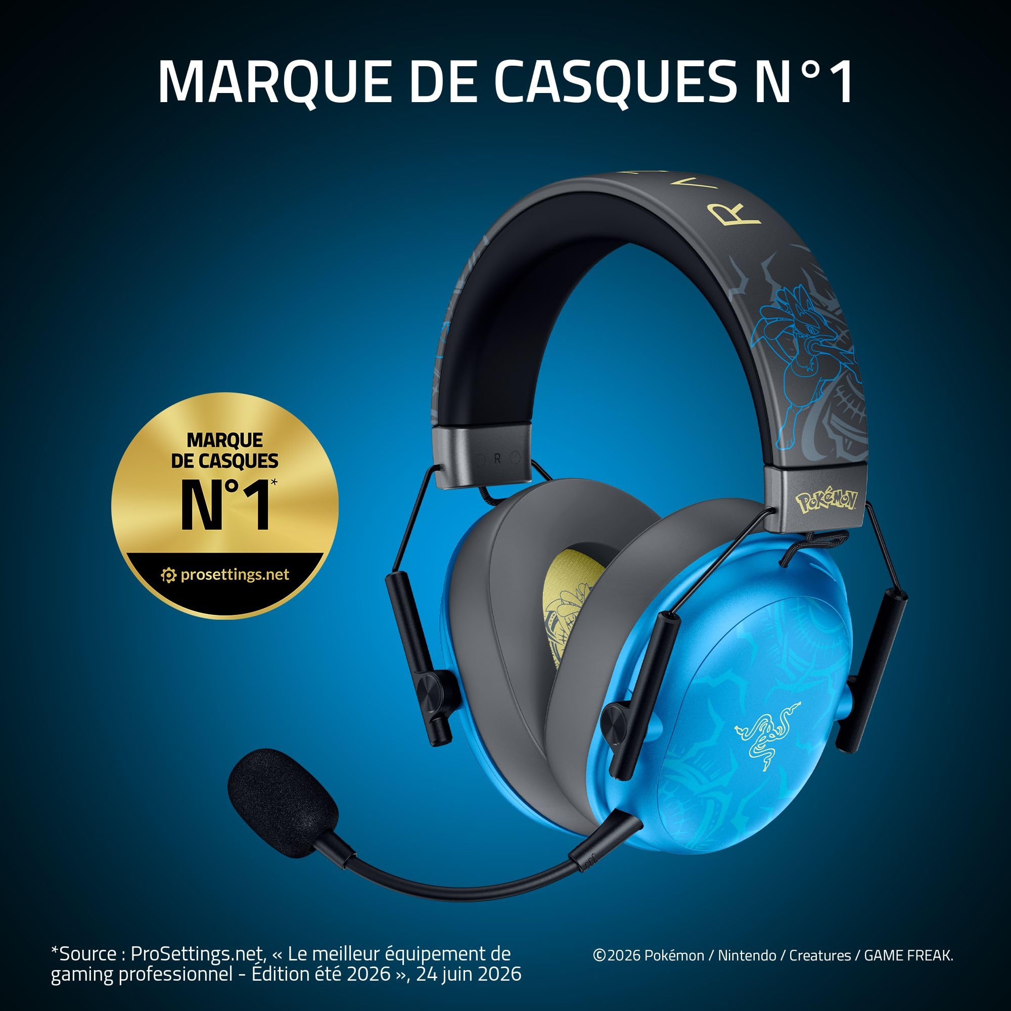 Razer BlackShark V3 X HyperSpeed Pokémon - Casque Gaming sans Fil - 270 g - Haut-parleurs Triforce 50 mm - Micro Amovible - Son Surround - sans Fil 2,4 GHz et Bluetooth | Lucario
