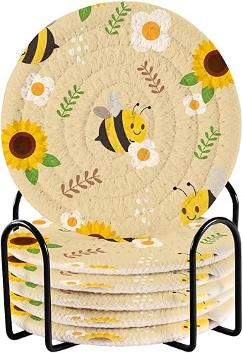 Bee Sunflower White Flower Coasters Coasters for Dining Table and Holder Set of 6 Home Coasters Tabletop