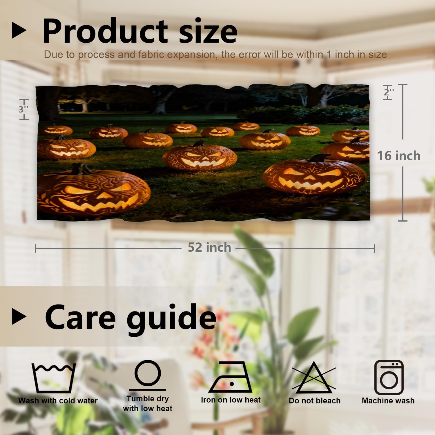 Halloween Fall Blackout Kitchen Curtain, Jack O Lantern Pumpkin Orange Halloween Window Treatment Rod Pocket Light Filtering Bathroom Short Valance 2 Pack 52X16 Inches