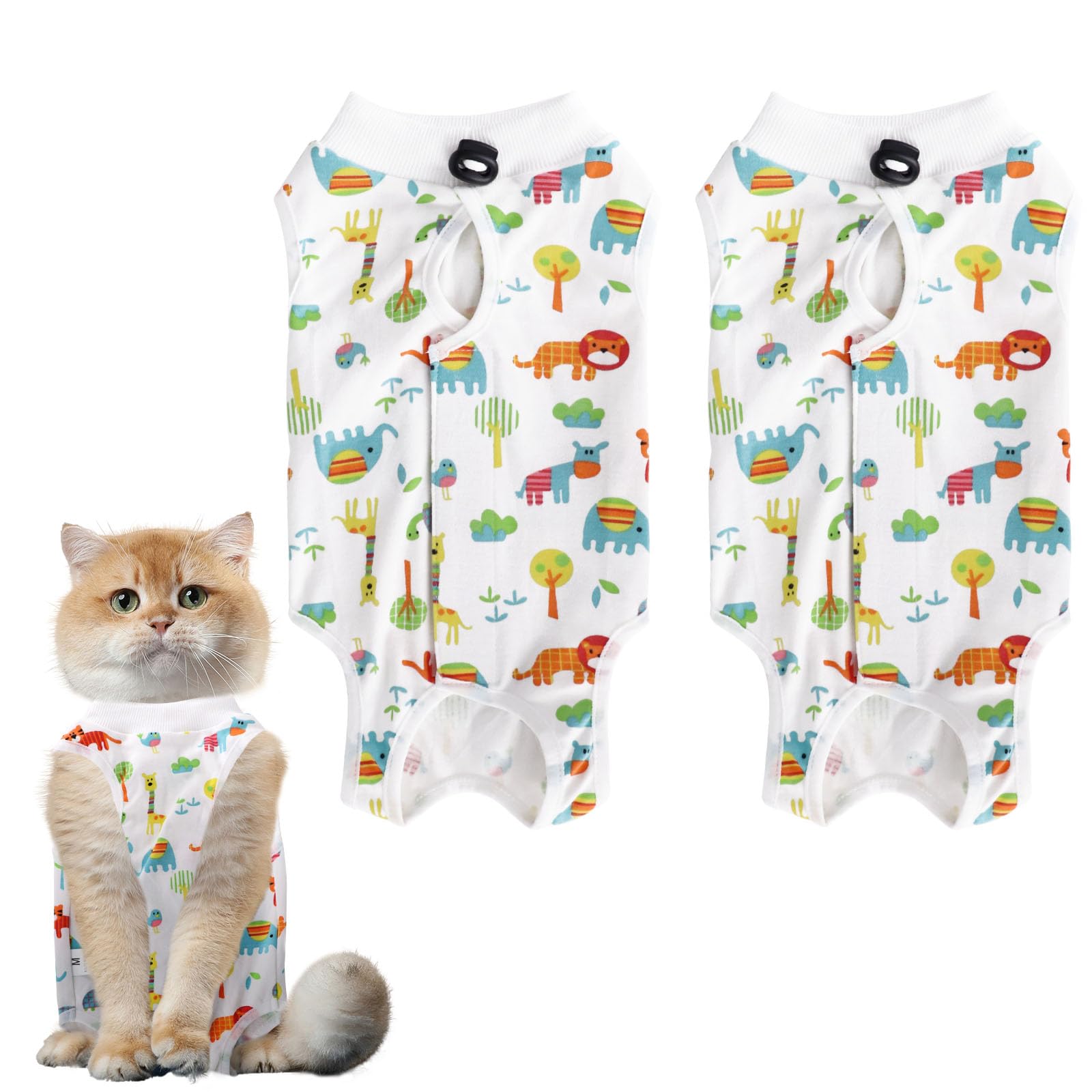 GOZINA 2 Pack Cat Surgery Recovery Suit, Baby Cotton Cat Recovery Suit, Breathable Surgical Recovery Suit, Anti-licking Onesie Post Surgery, Adjustable Kitten Clothes (L, Little Lion)