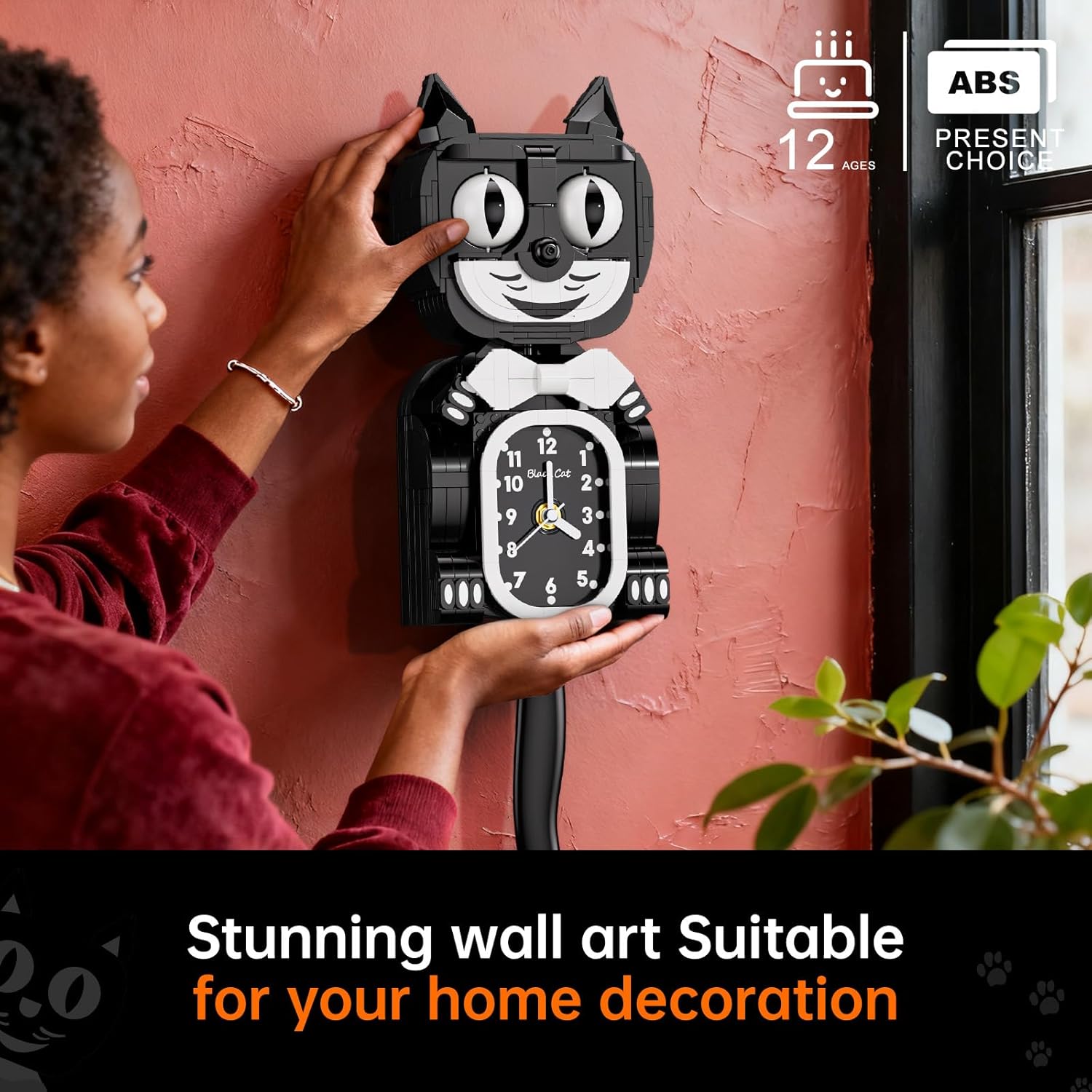 JAKI Black Cat Swing Clock Building Blocks Set,Cat Clock with Moving Eyes and Tail, Battery Operated Wall Clock,Home Decoration and Collectible for Adults & Kids 12+