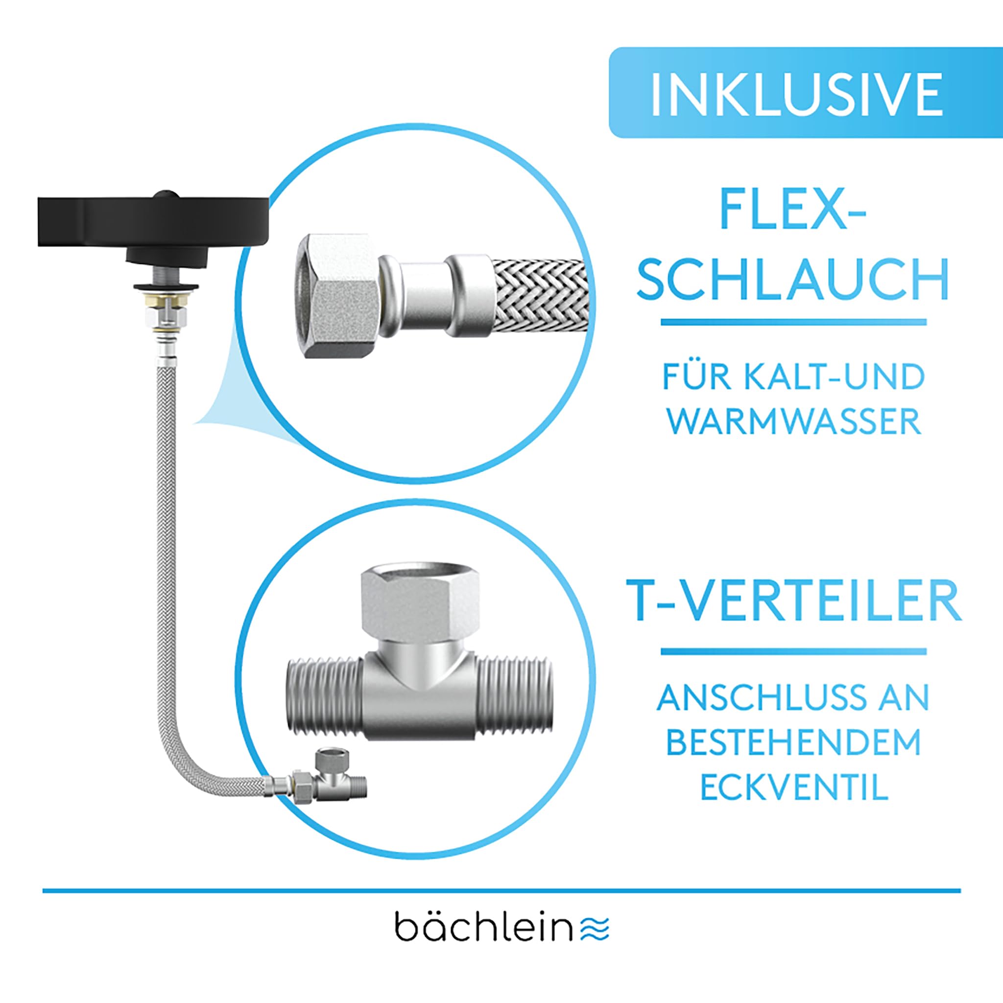 Bächlein Glasreiniger (Matt Schwarz) Glasspüler aus Edelstahl - Gläserdusche inklusive T-Verteiler und Flexschlauch - Automatischer Spüler für die Küche