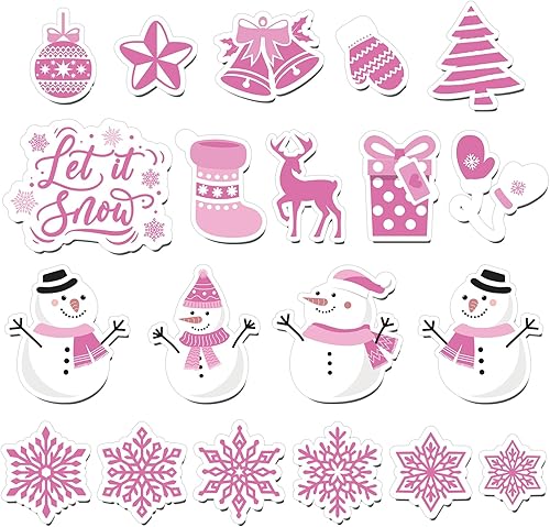 Whaline 20 imanes de decoración de Navidad, imanes de invierno rosados, muñeco de nieve, copo de nieve, calcomanías magnéticas decorativas para