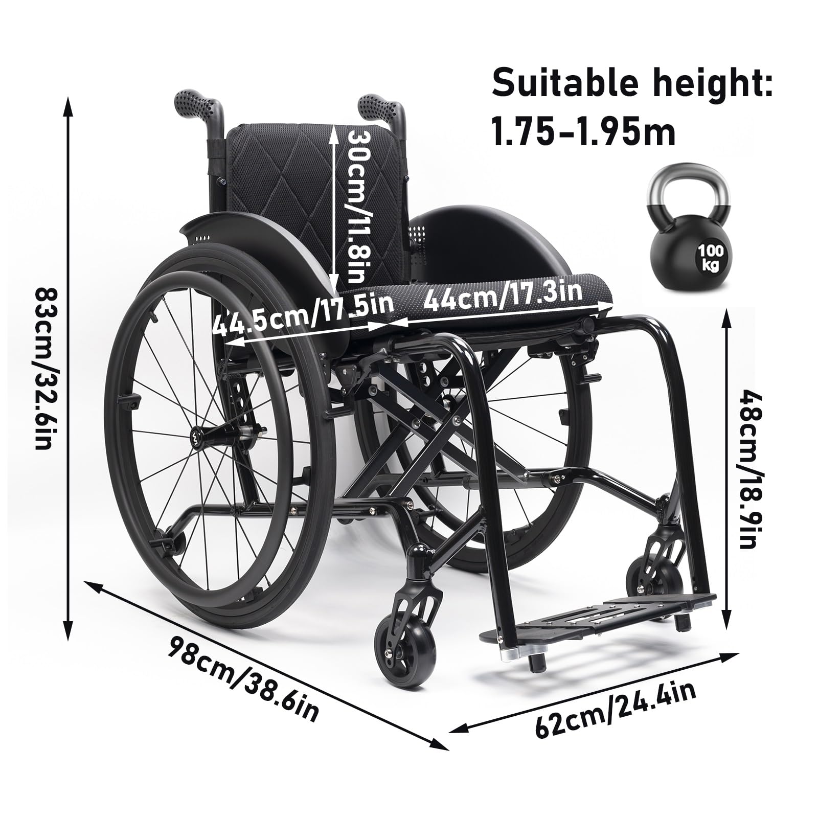 Wheelchair Sedia a Rotelle Pieghevole in Alluminio Ultraleggero,Compatto(Seat width 44cm/17.3in)