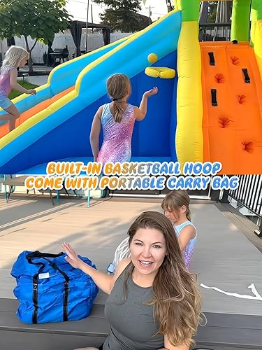 Vista 34 de ROOJER Casa inflable de doble tobogán acuático para niños patio trasero 10 en 1 parque acuático inflable con soplador, piscina de chapoteo, pared