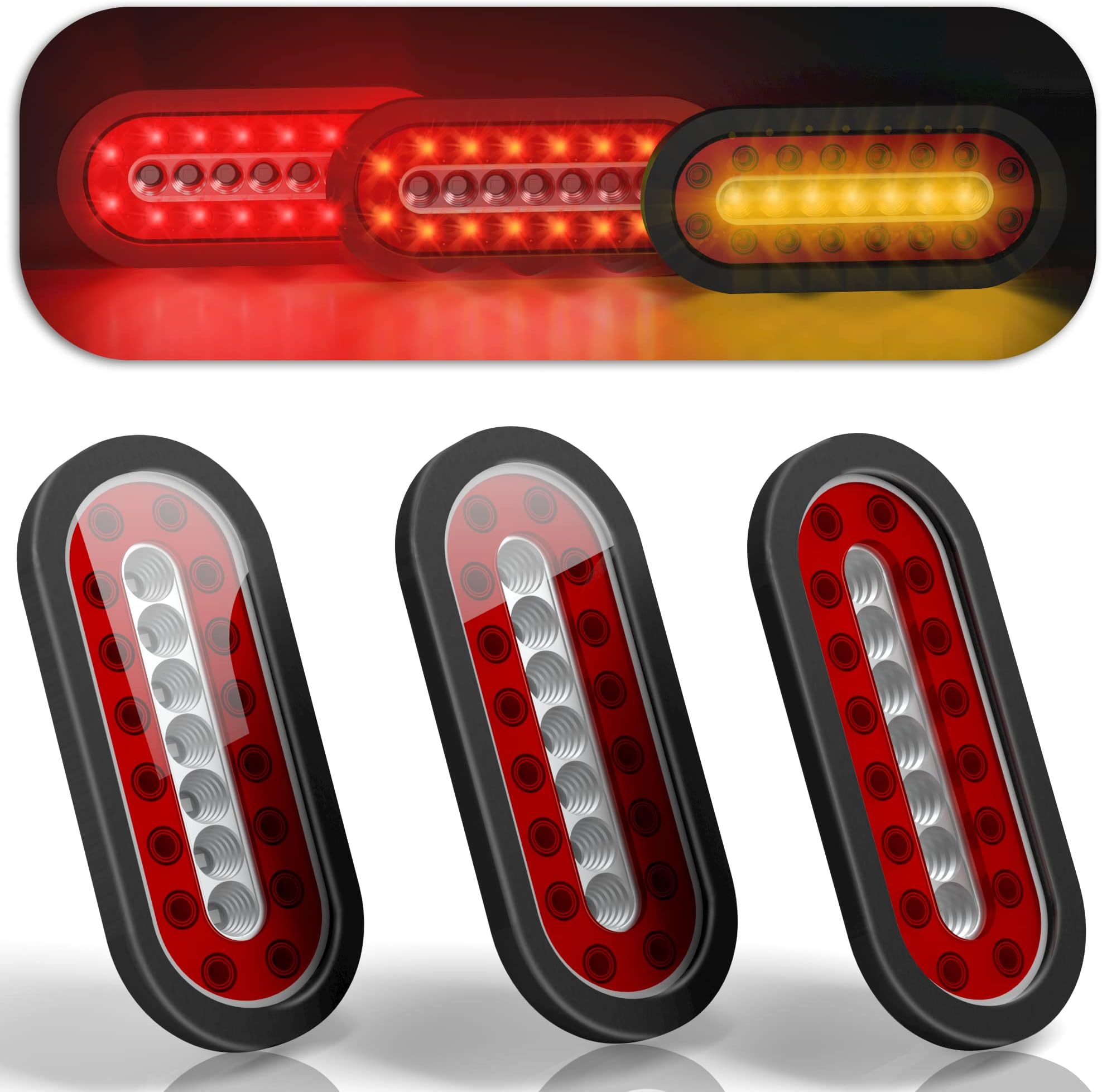 Tinpec 2PCS Oval LED Trailer Tail Lights with 23 LED Bulbs Waterproof Stop Brake Lights with Rubber Grommet Universal Turn Signal Lights for Trailers Trucks RVs (Red and Yellow)