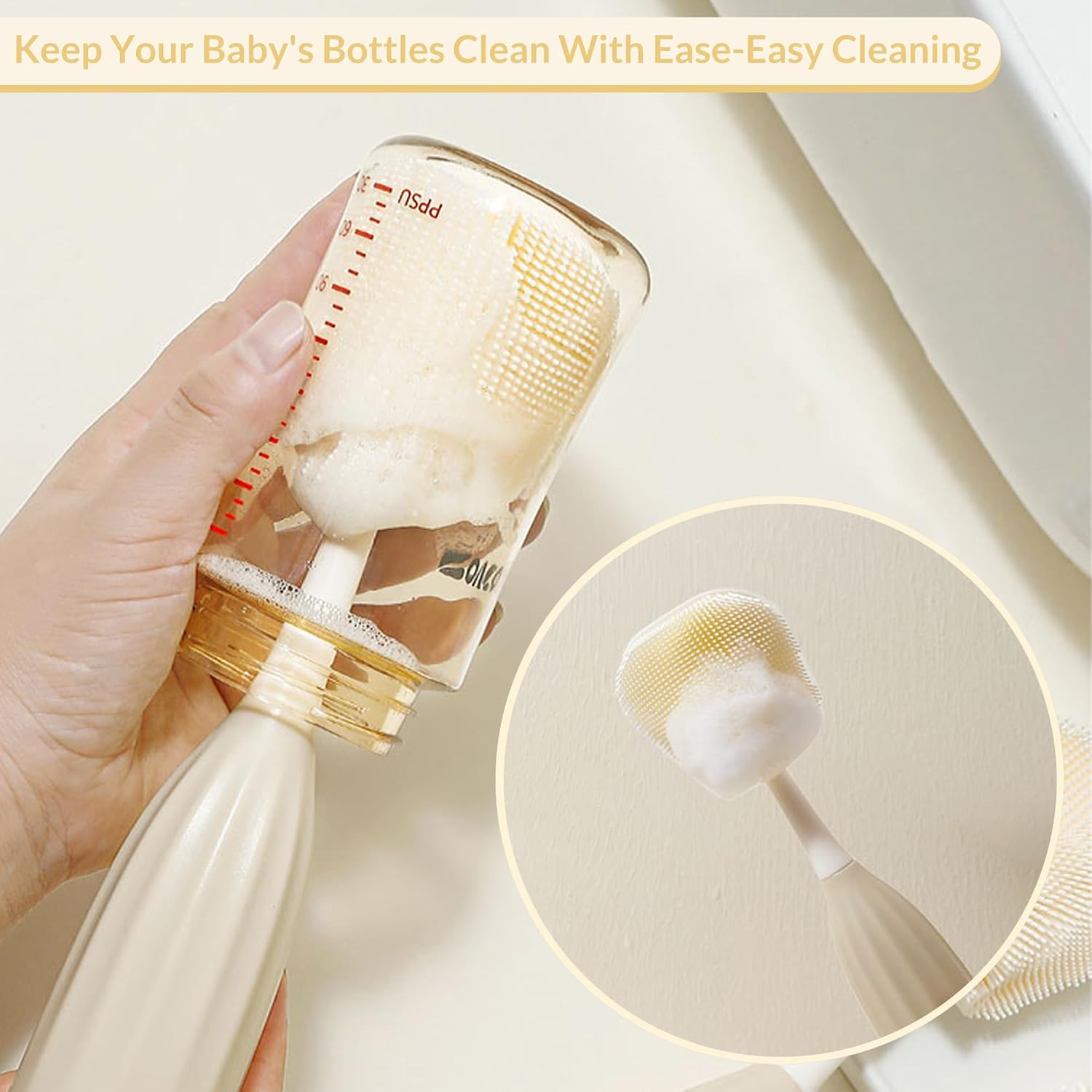 Baby Bottle Brush Kit with Push-Press Bubble and Drying Rack for Bottle Cleaning, Bendable Bottle Cleaner Brush for Baby Bottles, Breast Pumps, Nipples, Straws and More. Perfect for Home&Travel (Pink)