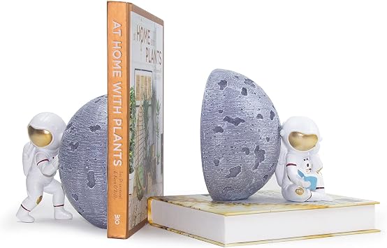 Space Themed Bookends & Decor Set - Astronaut Moon Theme (2 Pack, Black, Grey, Silver Resin)