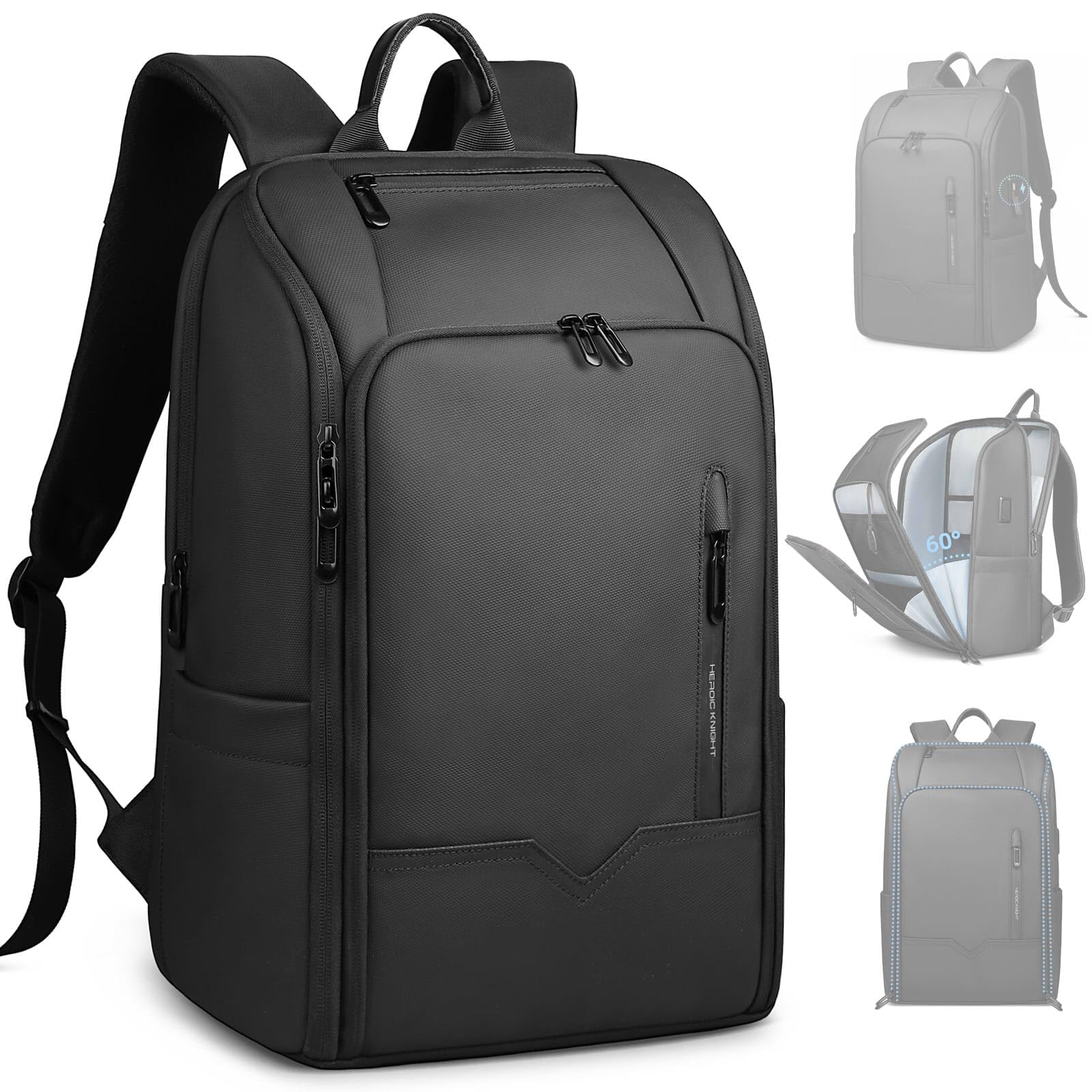 Mochila para Hombre Unisex para Laptop de 15,6 pulgadas Equipaje de Mano Ordenador Portátil Impermeable para Negocios, Viaje, Universidad con Puerto USB-Negro