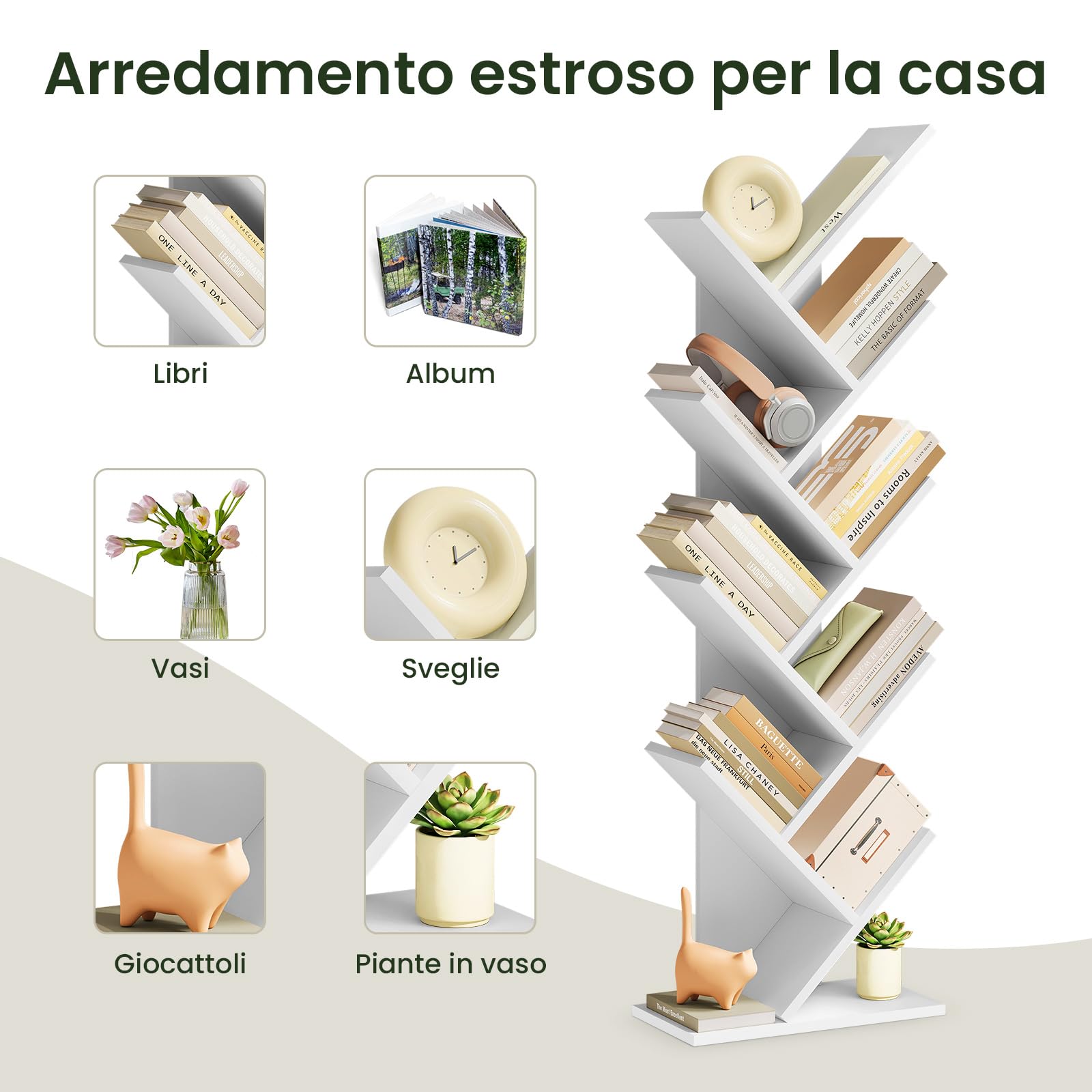 EUGAD Libreria ad Albero Moderna Scaffale Salvaspazio a 9 Ripiani in Legno Porta Libri per Soggiorno Camera Studio Bianco, 40x20x127cm