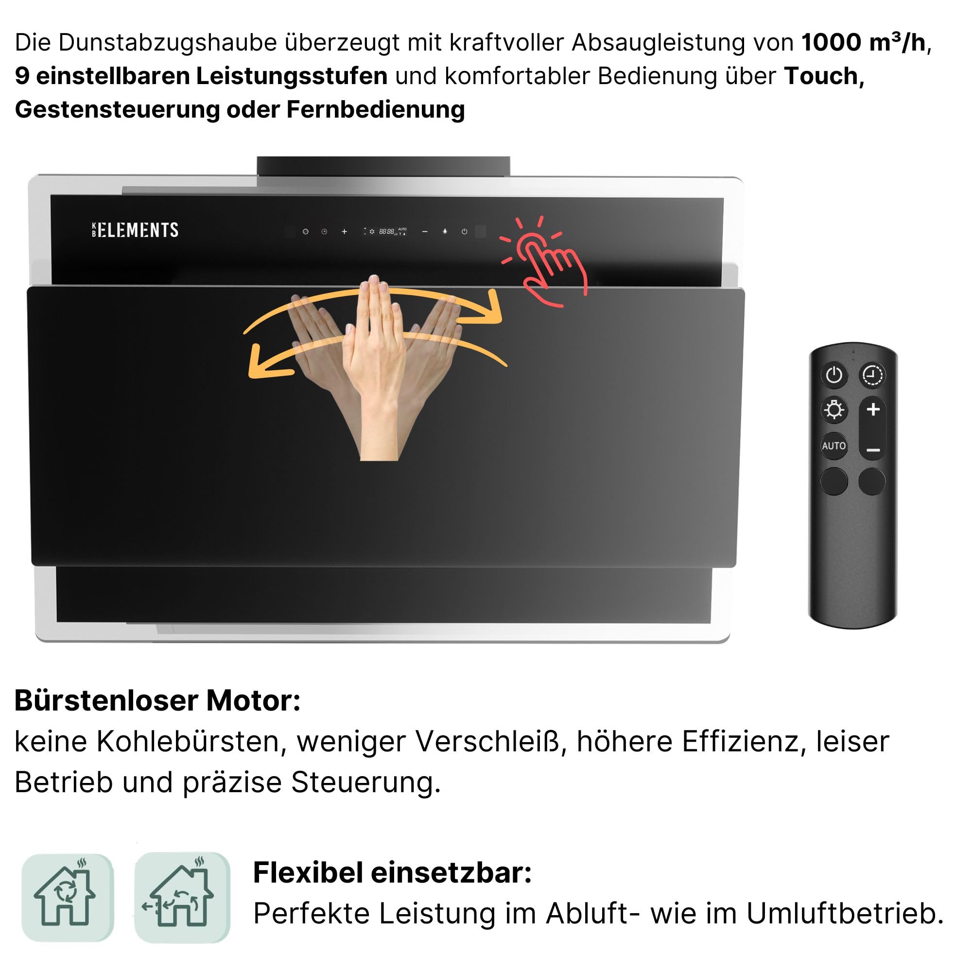 Dunstabzugshaube 60cm, Umluft/Abluft Dunstabzugshaube mit 1000m³/h starke Saugleistung, Brushless-Motor, mit Fernbedienung, Touch-Gestensteuerung, Abluft, Umluft