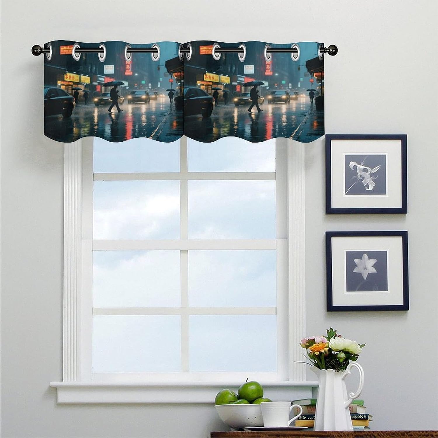 City Streets in Heavy Rain Curtain 2 Panels, Polyester Fiber, Blackout Insulated Window Curtain, Curtain Valance for Kitchen Dining Room Living Room Cafe Small Window 52 * 18.1 Inches