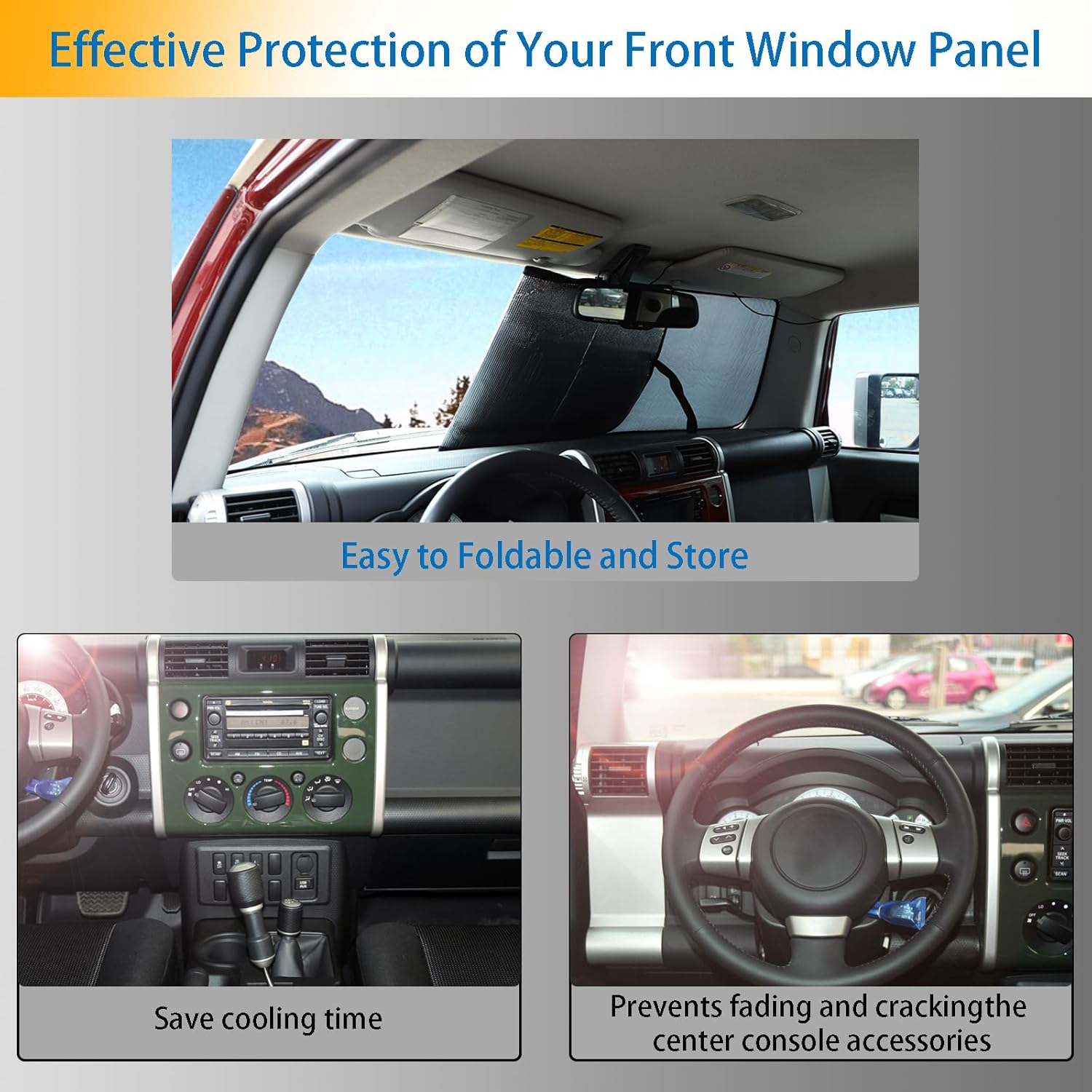 Windshield Sunshade Fit for Toyota FJ Cruiser 2007-2021, Folding Car Sun Shade for Front Window, Auto Sun Protection Visors Blocks UV Rays and Keeps Vehicle Cool, 1PC