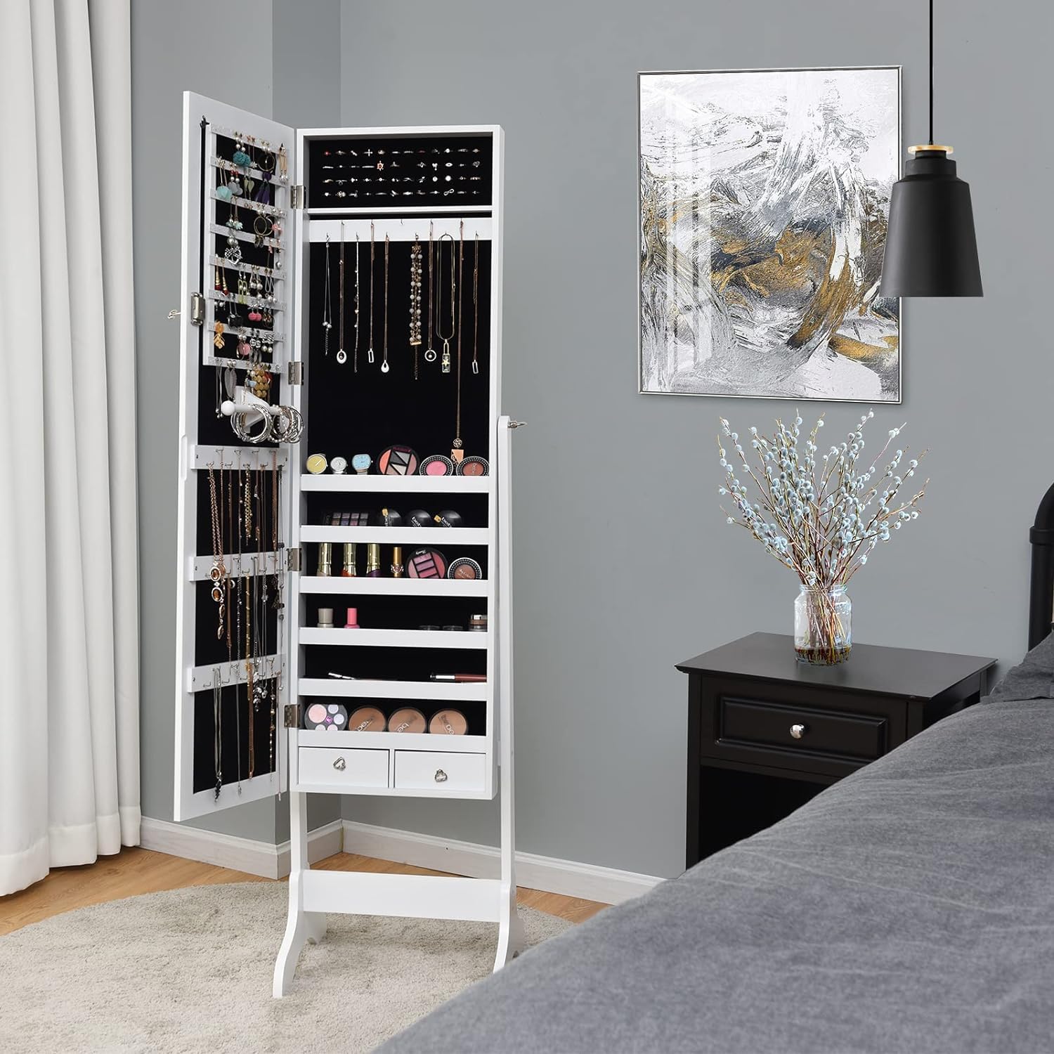 RELAX4LIFE Schmuckschrank mit Ganzkörperspiegel stehend Spiegelschrank neigungsverstellbar Schmuckaufbewahrung Schmuck-Organizer abschließbar Standspiegel mit 5 Ablagen & 2 Schubladen weiß