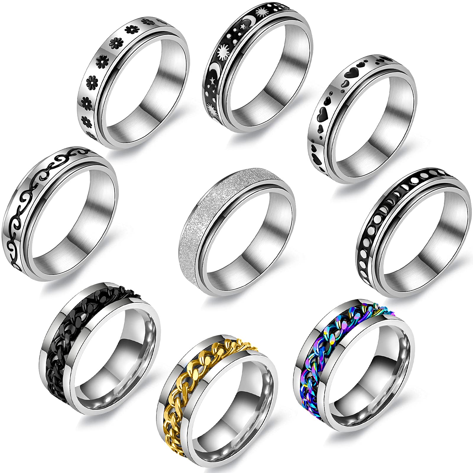 9pcs Multi-Style Stainless Steel Spinner Ring Set for Anti Anxiety for Women and Men - Fidget Rings for Anxiety for Women - Cool Anxiety Rings for Men