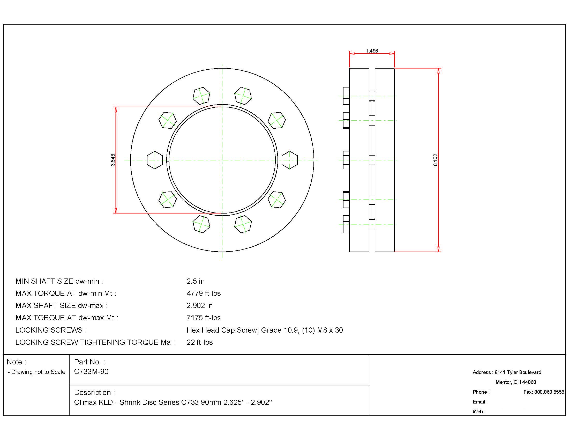 Climax Metals C733M-55 Shrink Disc, Standard Duty, Steel with Zinc Plated Outer Rings, 55 mm Diameter Bore, 2.17