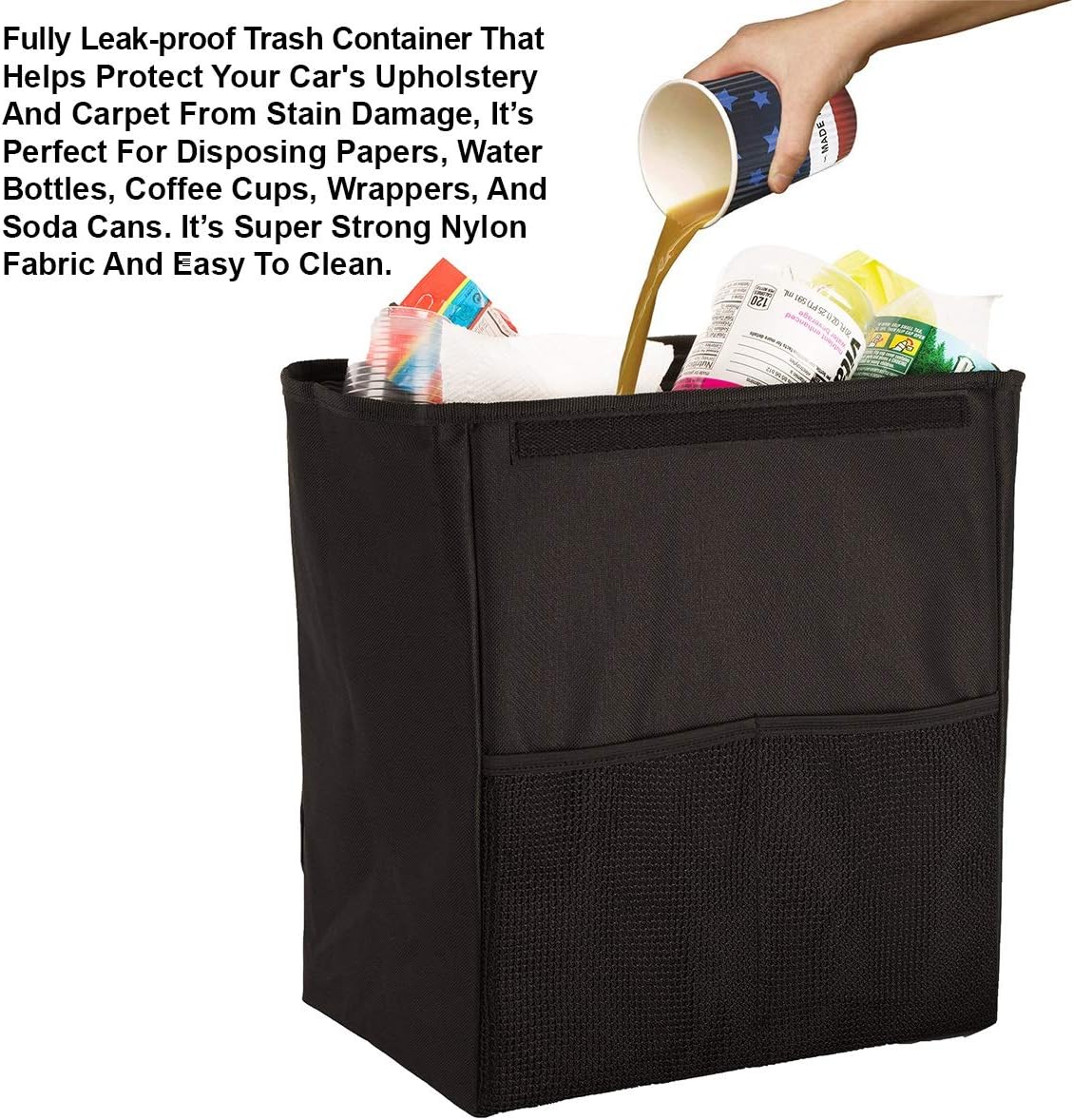 lebogner Car Trash Can with Cover, 100% Leakproof X-Large Car Garbage Bin, Car Trash Can, Sturdy Auto Trash Bag, Perfect for Seat Back Or Front, Car Floor, Car Garbage Organizer with 2 Mesh Pockets