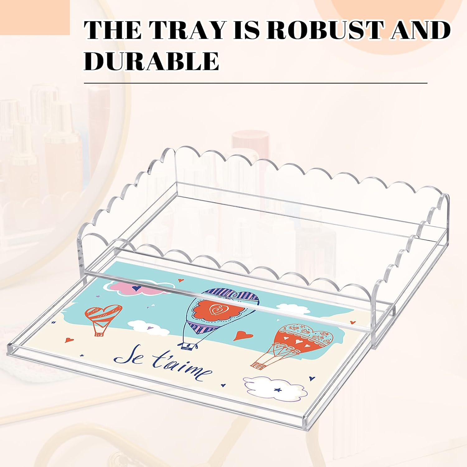 1 Pcs 12" x 8" Acrylic Scalloped Tray Large Clear Acrylic Tray with Drawer for Insert Customizable Photos, Art, and Fabric Scalloped Basket for Needlepoint Napkin Frame Display Messages