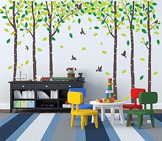 Six Birch Tree Wall Decals Forest Wall Decal Peel and Stick Wall Decal Trees for Nursery Living Room Bedroom Classroom Wall Decoration (Brown,Green)