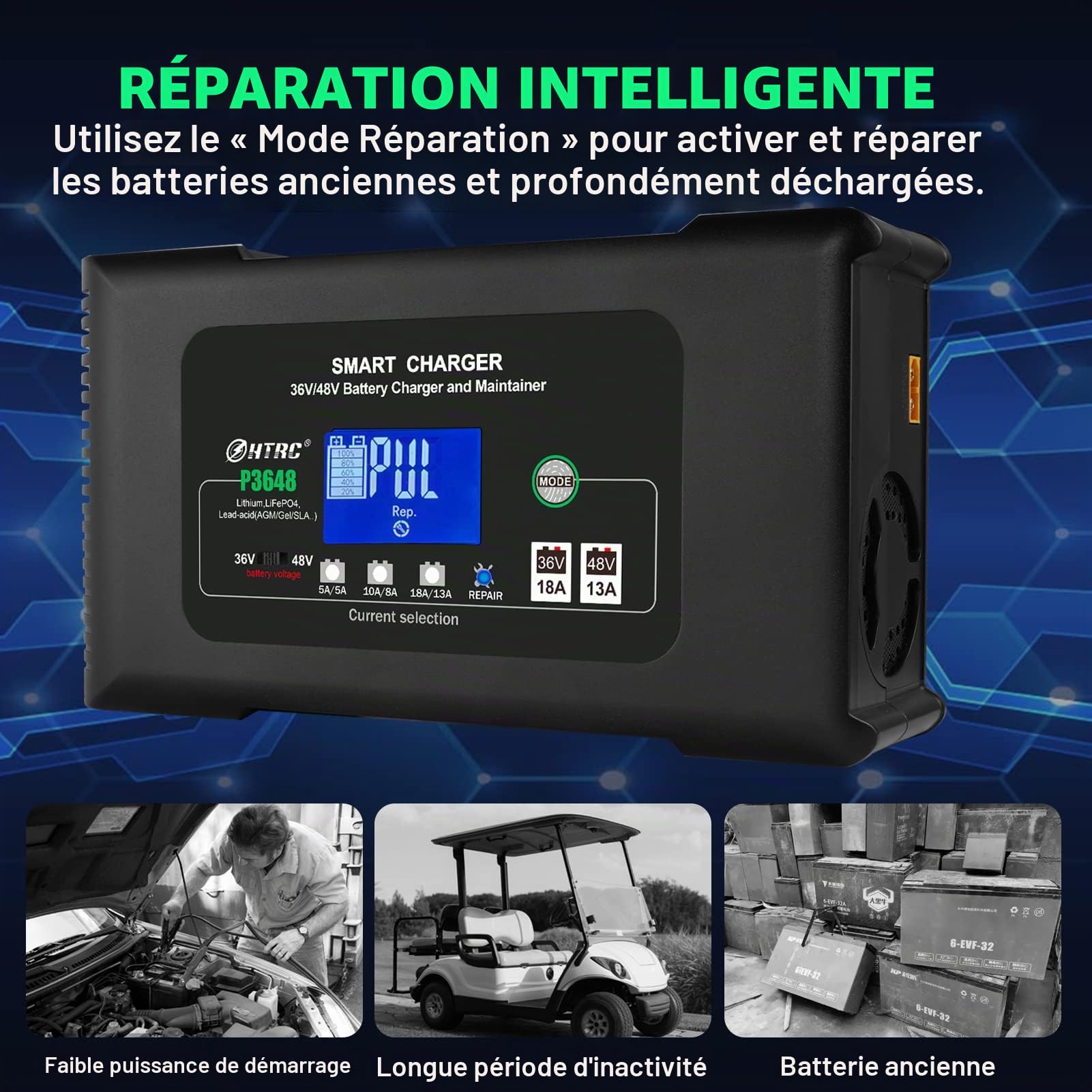 Haisito P3648 Chargeur Batterie Voitures 36V 18A/48V 13A, Chargeur Batterie Auto et Moto Rapide Intelligent, Maintien et Désulfateur pour Lithium LiFePO4 Plomb Acide AGM Golf Chariot EZGO TXT