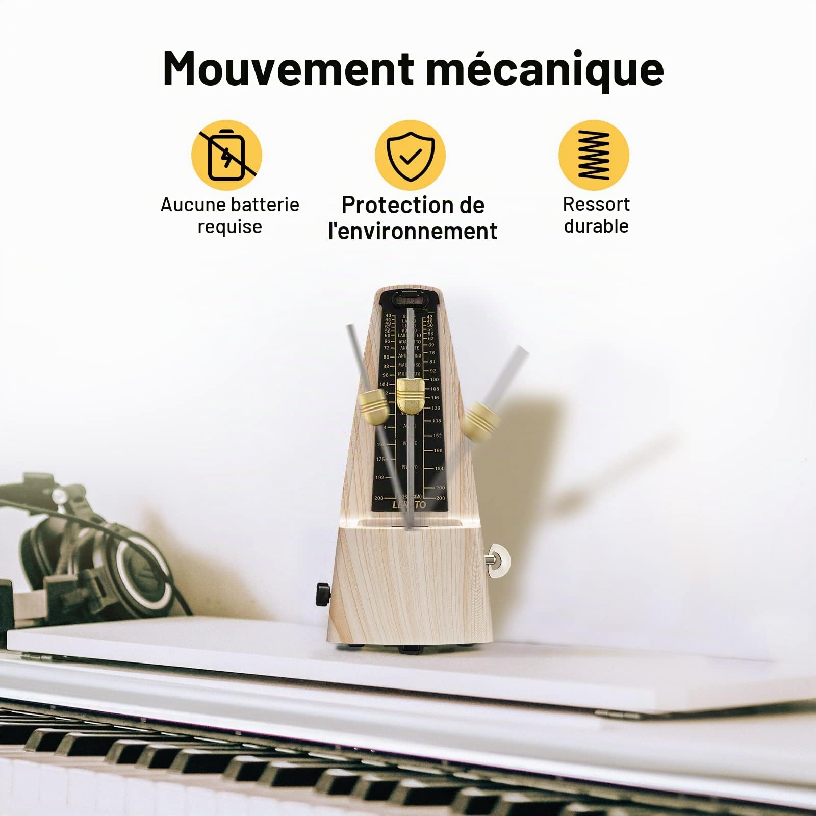 Métronome Mécanique avec Cloche, LEKATO Métronome Universel pour Piano Guitare Ukulélé Violon et Chromatique, son Puissant, suivi du Rythme et du Tempo de Haute Précision pour les Musiciens