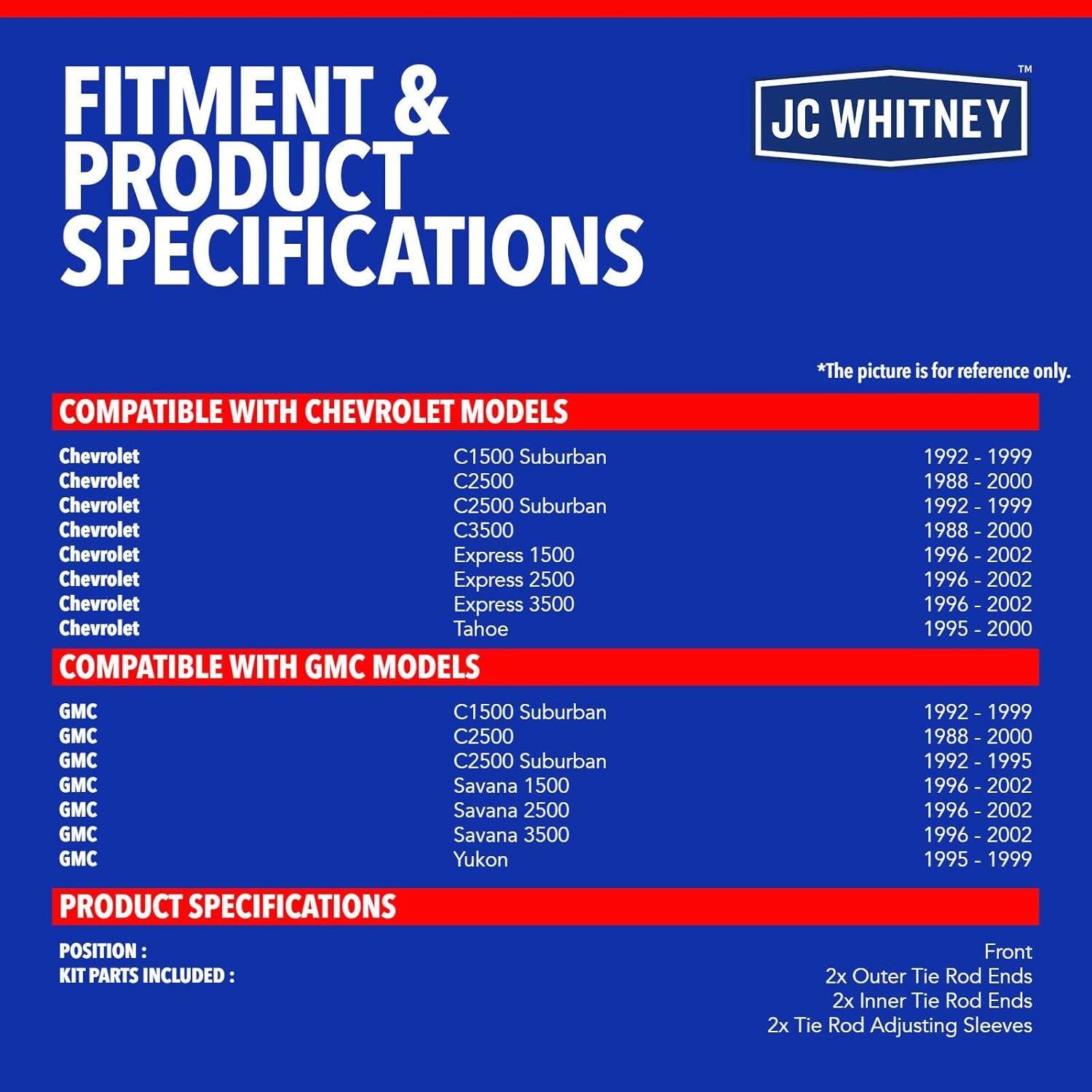 JC Whitney JFBAJCWCA00368 Set of 6 Tie Rod End and Adjusting Sleeve (Front) - Compatible with Chevrolet Tahoe 95-00, C1500/C2500 Suburban 92-99, C1500 88-99, GMC Yukon 95-99
