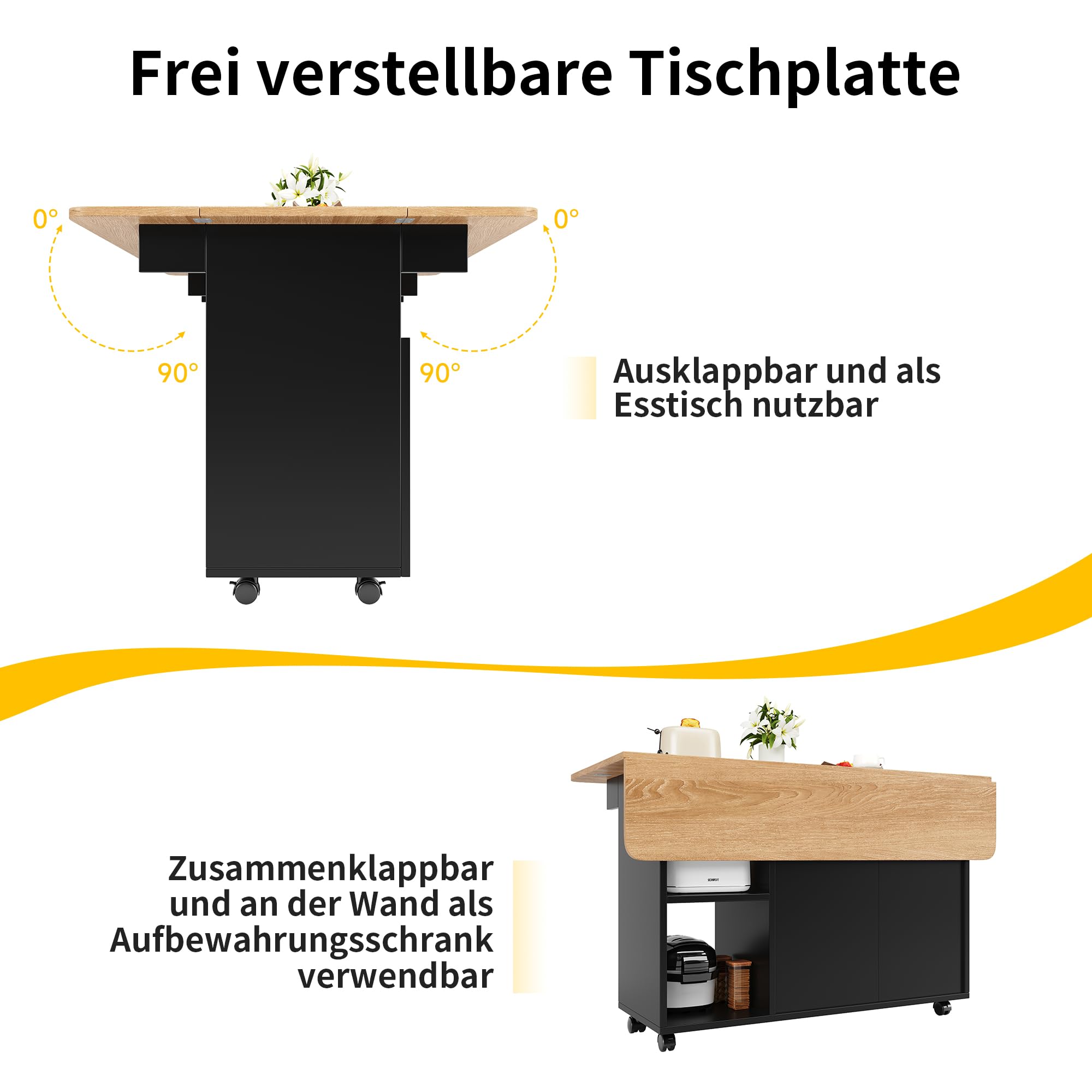 Wyspa kuchenna ze składanym blatem, 120 x 30 x 79,5 cm, czarna i naturalna, MDF i szkło, wózek do serwowania na kółkach, wielofunkcyjny
