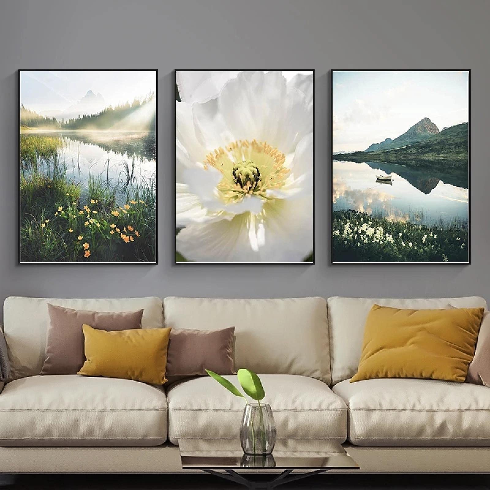 Toile peinture fleur montagne rivière triptyque 40x60cm sans cadre pour mur
