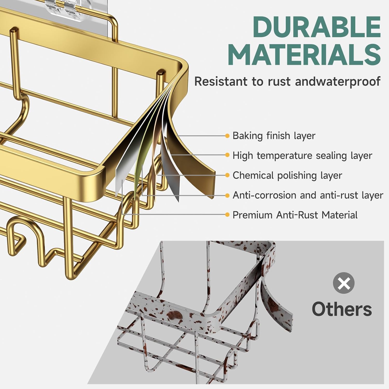 Veken Adhesive Shower Caddy 6-Pack,Gifts for Women Mom,Heavy Weight Bearing,Large Wall Mounted Bathroom Shelves Rack,Organizer Storage Accessories with Soap Dish&Toothbrush Holder,Bright Gold