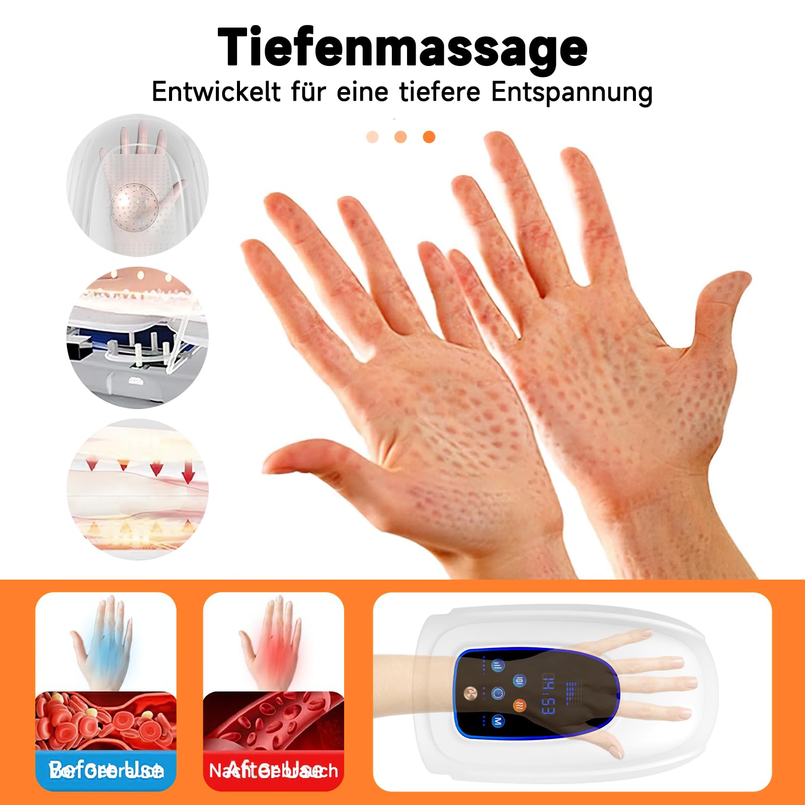 Elektrische Handmassagegeräte, Kabelloses Massagegerät mit Wärme & Rollknetmassage, 3 Massage-Modi, Tragbares Touchscreen-Handmassagegerät für Arthritis und Karpaltunnel (Weiß)