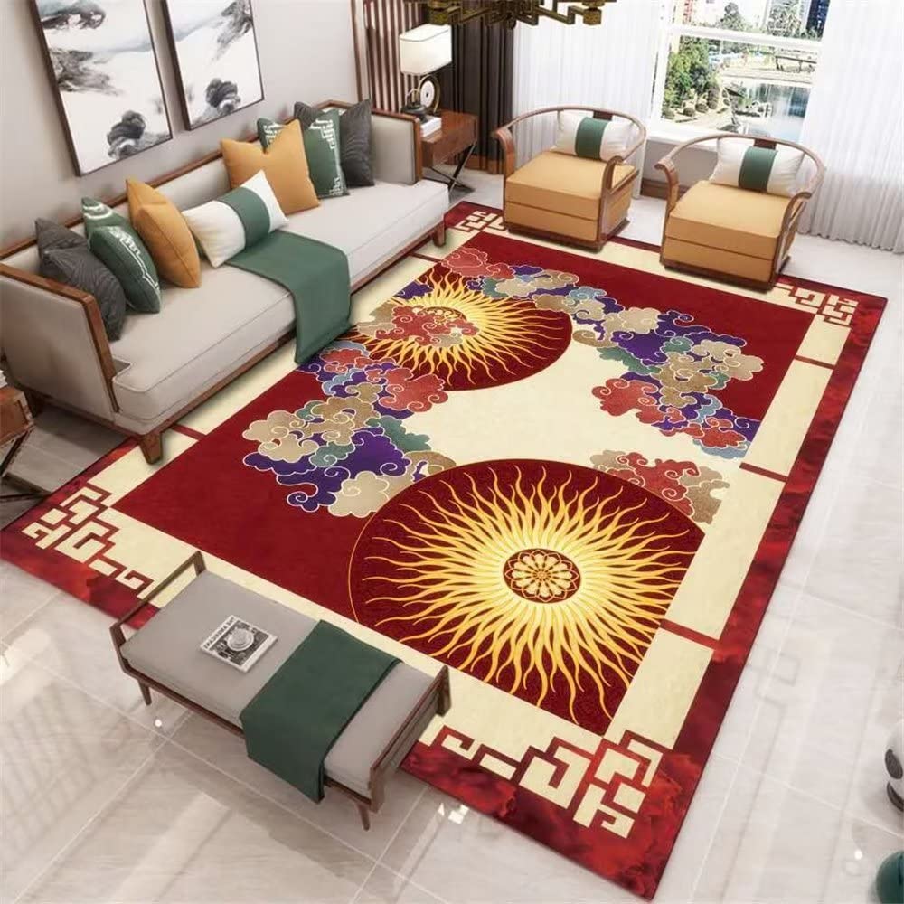 Tapis d'étude durable rouge rétro aux finitions géométriques 120x180cm