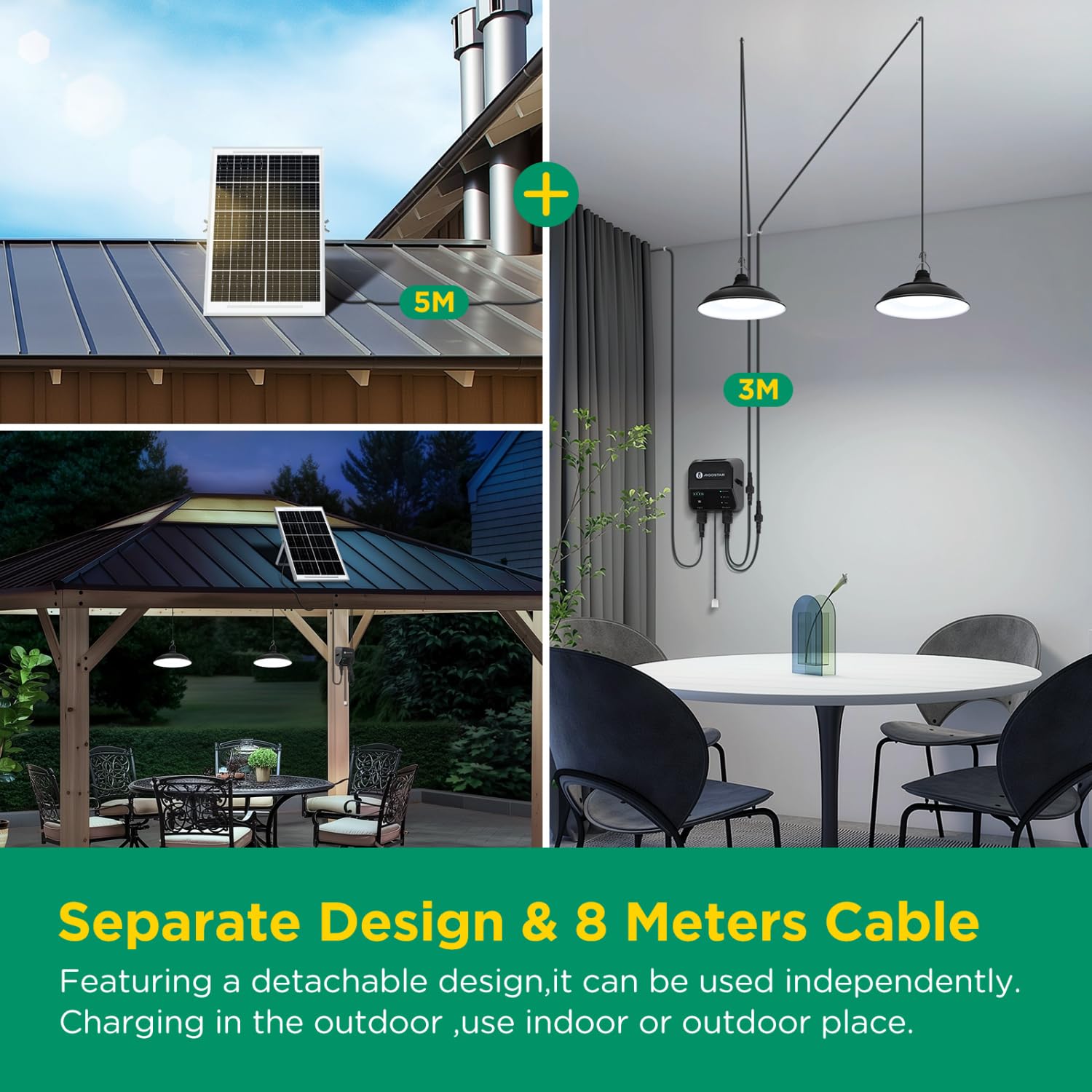 Aigostar - Luz solar exterior con mando a distancia y cuerda de tracción，cable de 11 m，batería de gran capacidad de 6000 mAh，IP65.Luz solar para interior/exterior，jardín，camping，2 lámparas