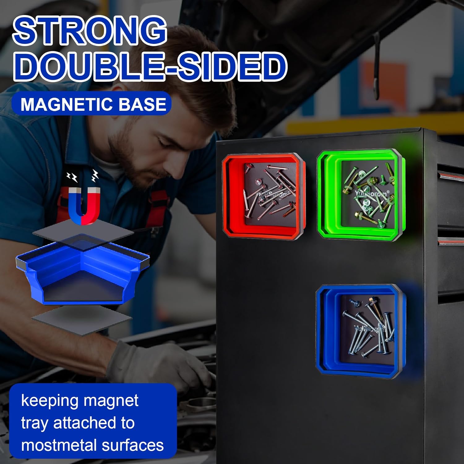 Collapsible Dual-Sided Magnetic Parts Tray Set, 4-Pack 4.5” Tool Trays for Screws Bolts Nuts Washers Pins with 1pc Magnetic Suction Rod