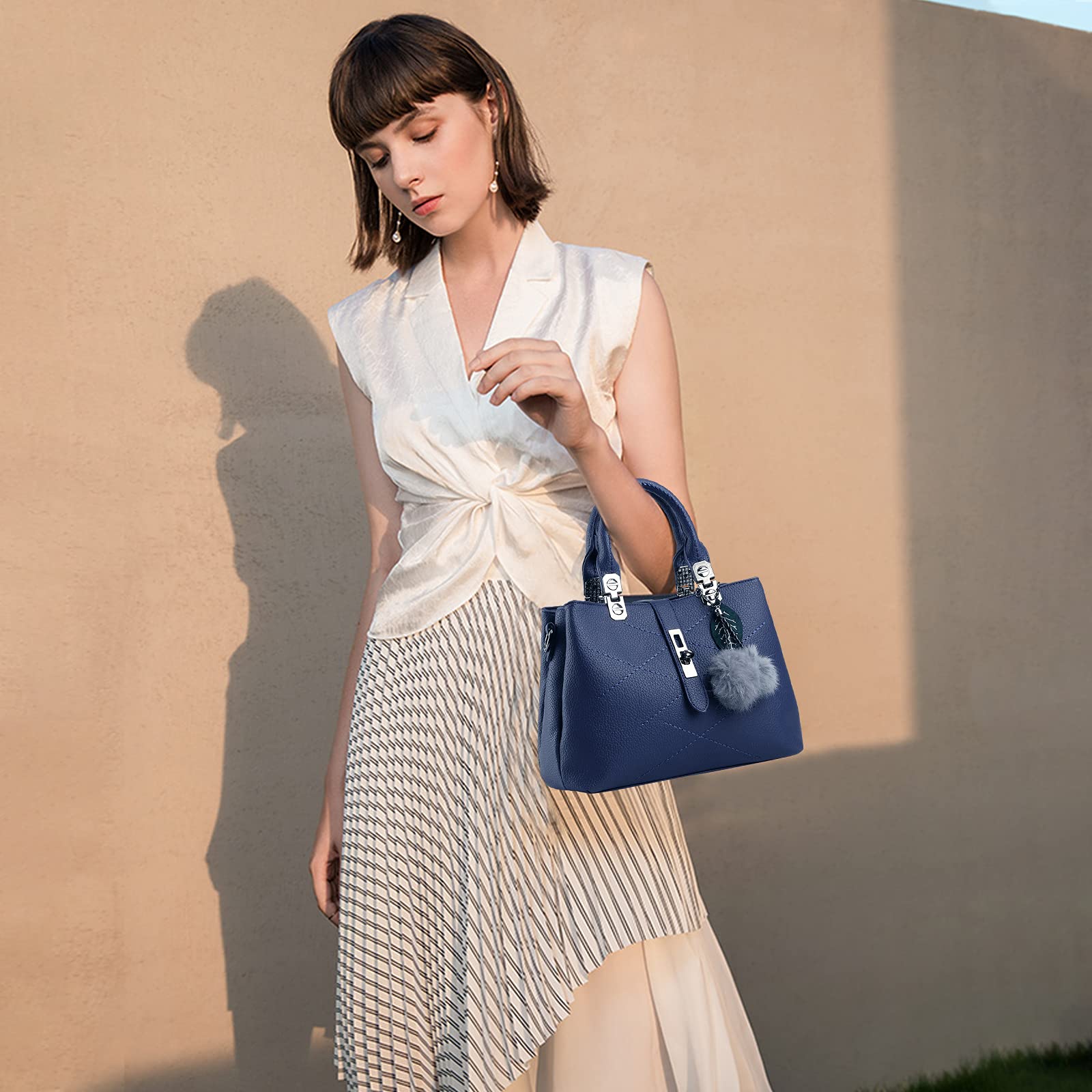 NICOLE & DORIS Women Handbags Simple Messenger bag Tote Bag Female Shoulder Bag Top Handle Bag Waterproof PU Leather Bag with Pompom Pendant(Blue)