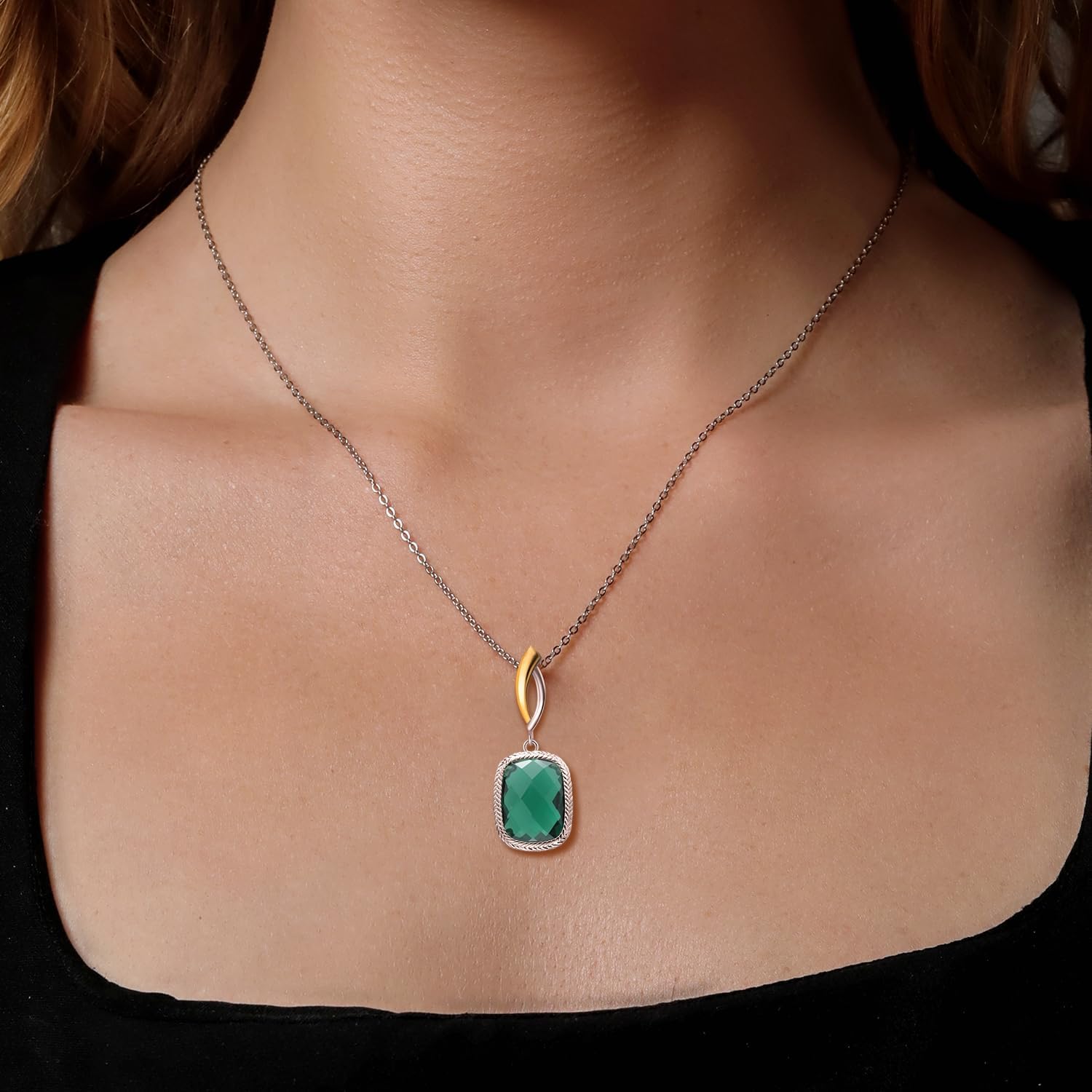 Gem Stone King 925 Sterling Silver and 10K Yellow Gold Green Nano Emerald Pendant Necklace For Women (2.30 Cttw, 13X9MM Cushion Checkerboard Cut, 18 Inch Chain)
