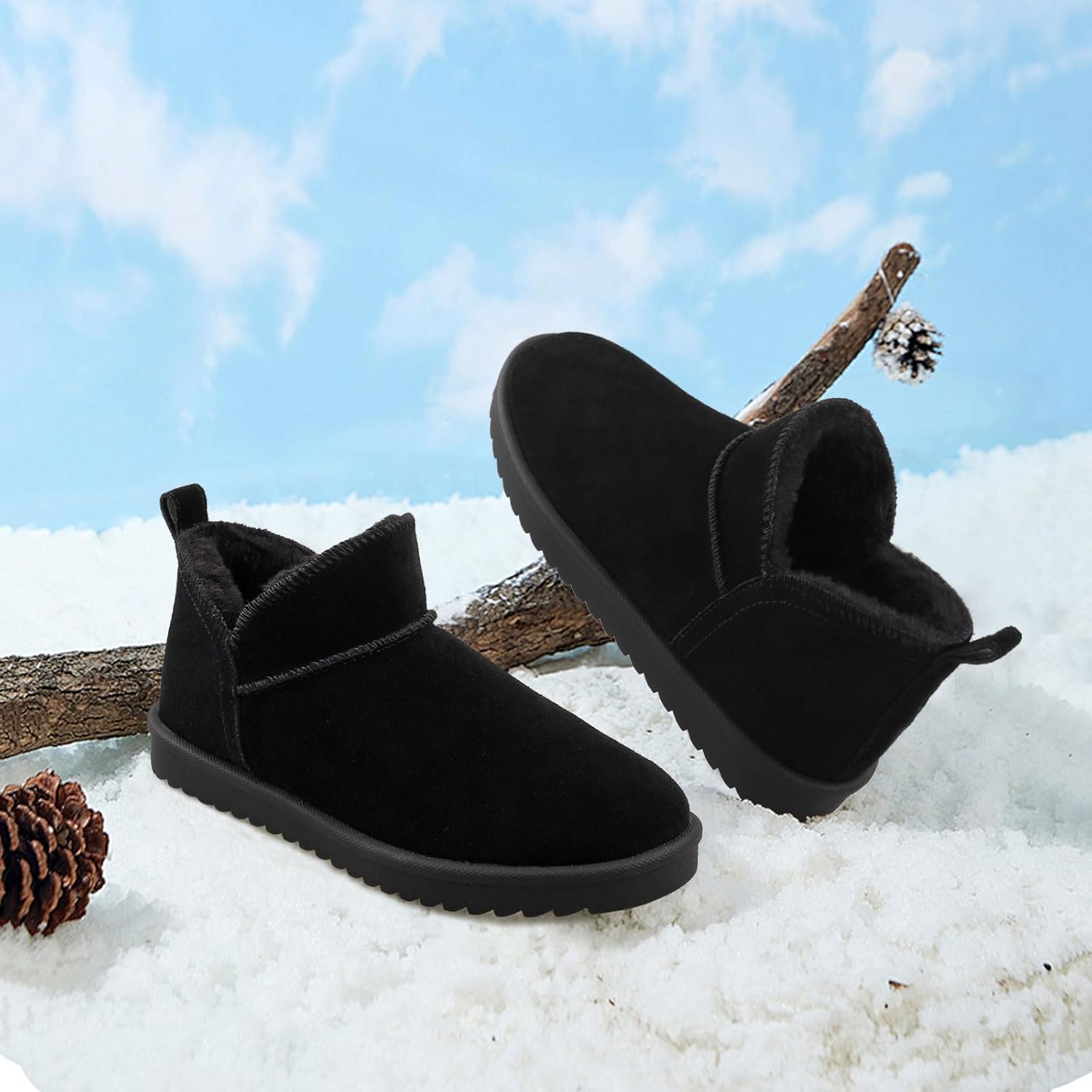 BCTEX COLL Women's Winter Snow Mini Black Boots Classic Faux Fur Lined Warm Short Slip On Ankle Boots， Size 11 - Image 2