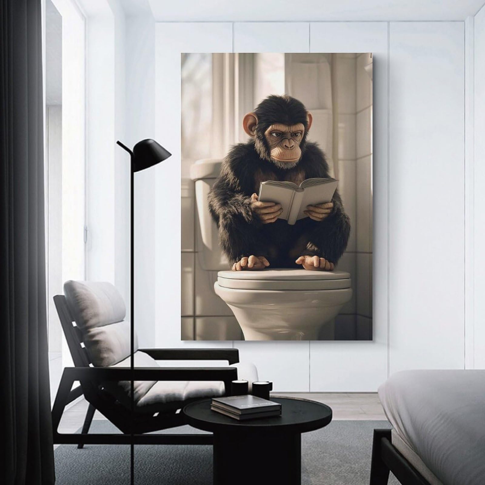 Junmoney Canvas Wall Art Chimpanzee Reading on Toilet, 20x30inch(50x75cm), for Living Room, Bedroom, Office Or Hallway, Decorative Artwork with Broad Appeal