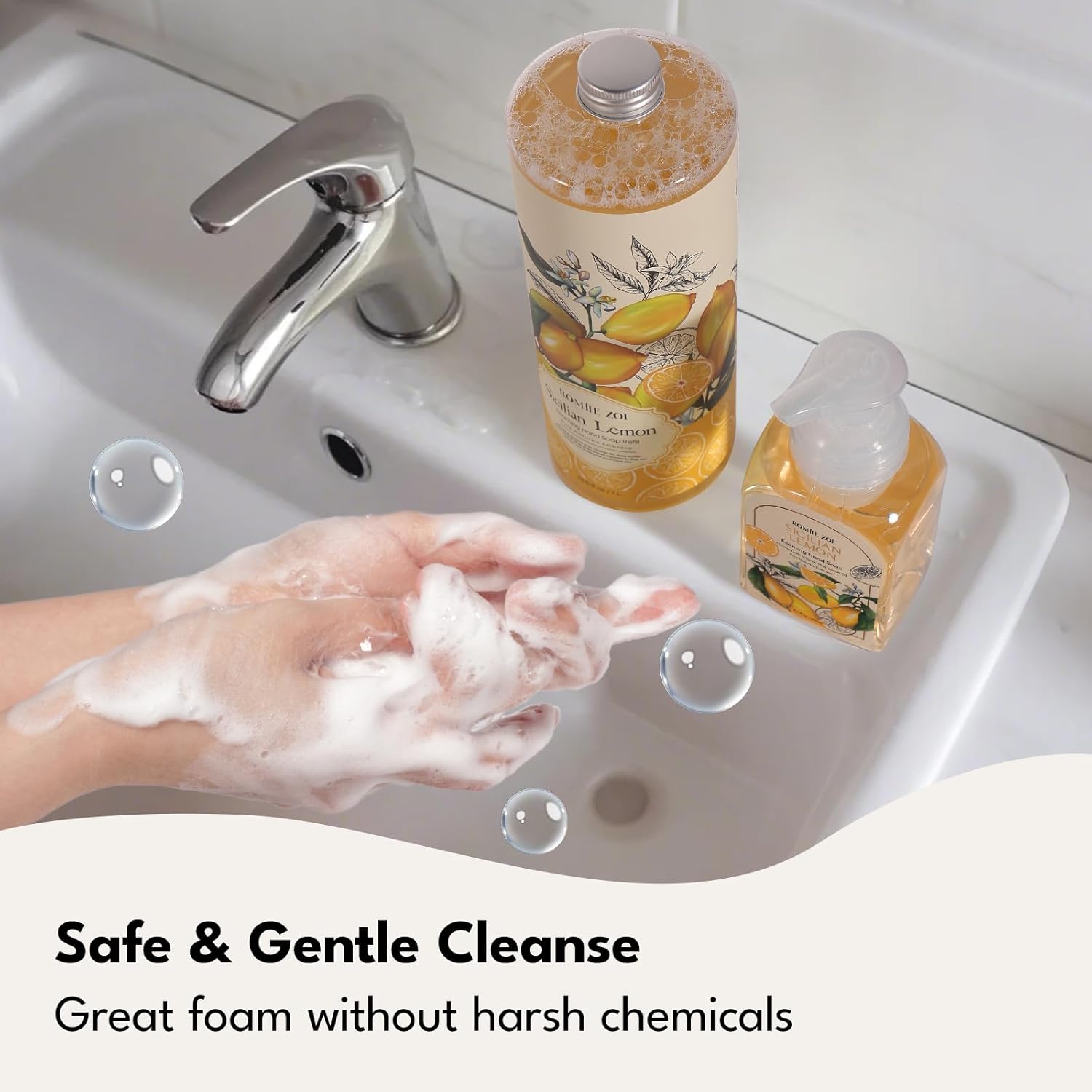 ROMIIE ZOI Hand Soap Refills Foaming 3pack (33.8 Fl Oz) + Reuseable Foam Soap Dispenser, Natural and Moisturizing Foaming Refills Kit, Lemon Hand Soap Refills