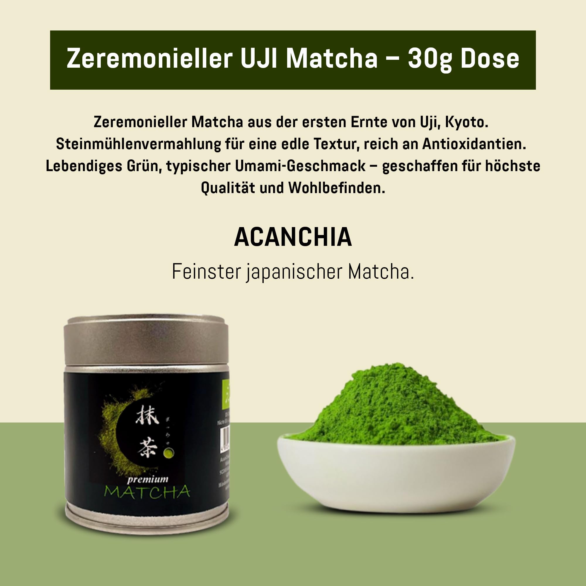 Ceremonial Grade UJI - 30 g Dose - Bio - 100% Japanischer Matcha - Erste Ernte - Reines Matcha - gemahlen