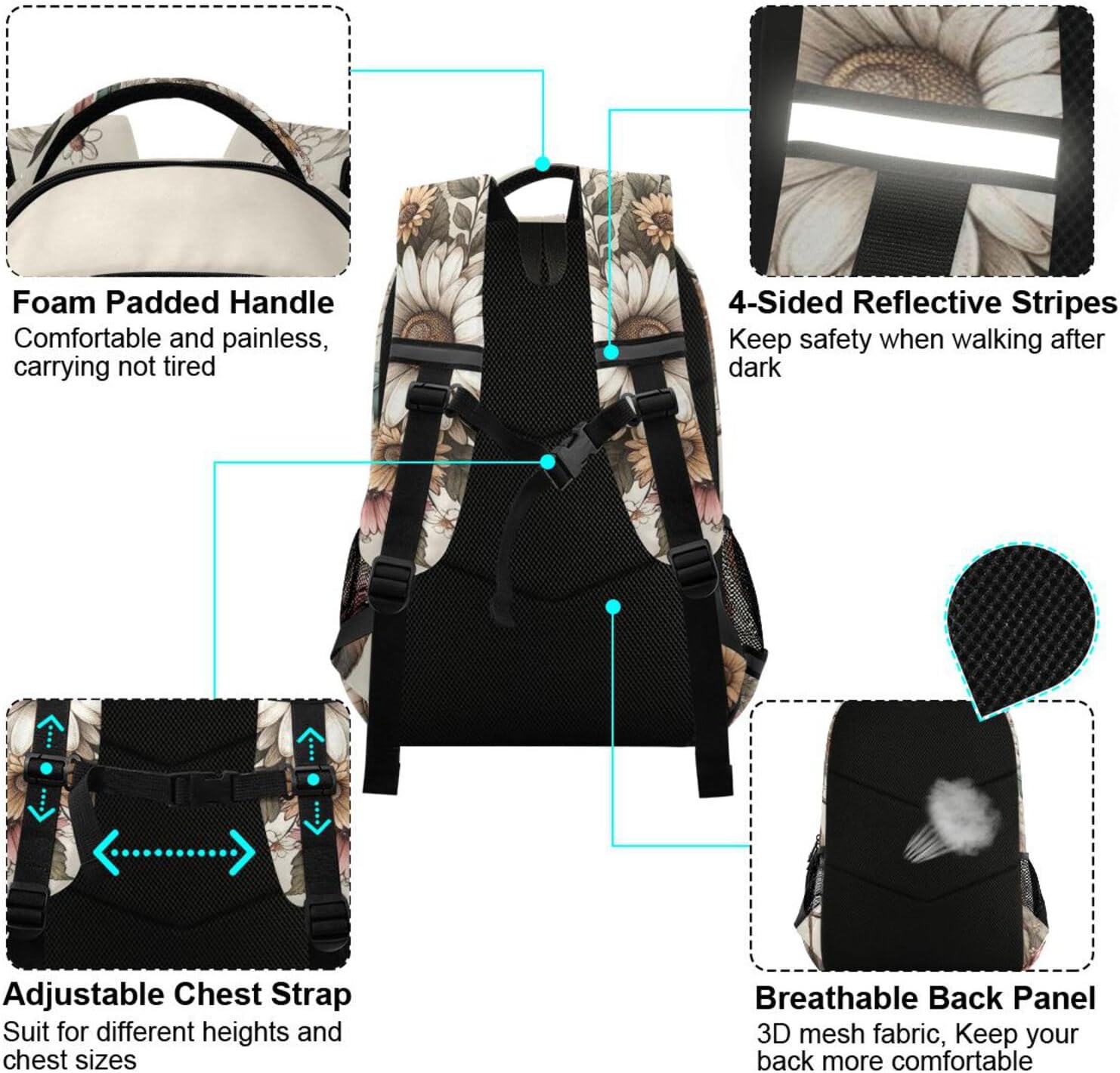 Wolf Backpack for Students Boys Girls Flower Dreamcatcher Wolf School Bag Travel Daypack Rucksack - Image 6