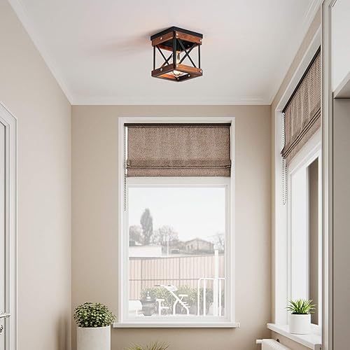 Miniatura 2 de Fivess Lighting Lámpara de techo rústica de montaje empotrado, 1 luz de metal y jaula de madera, mini lámpara de montaje semiempotrado para pasillo,