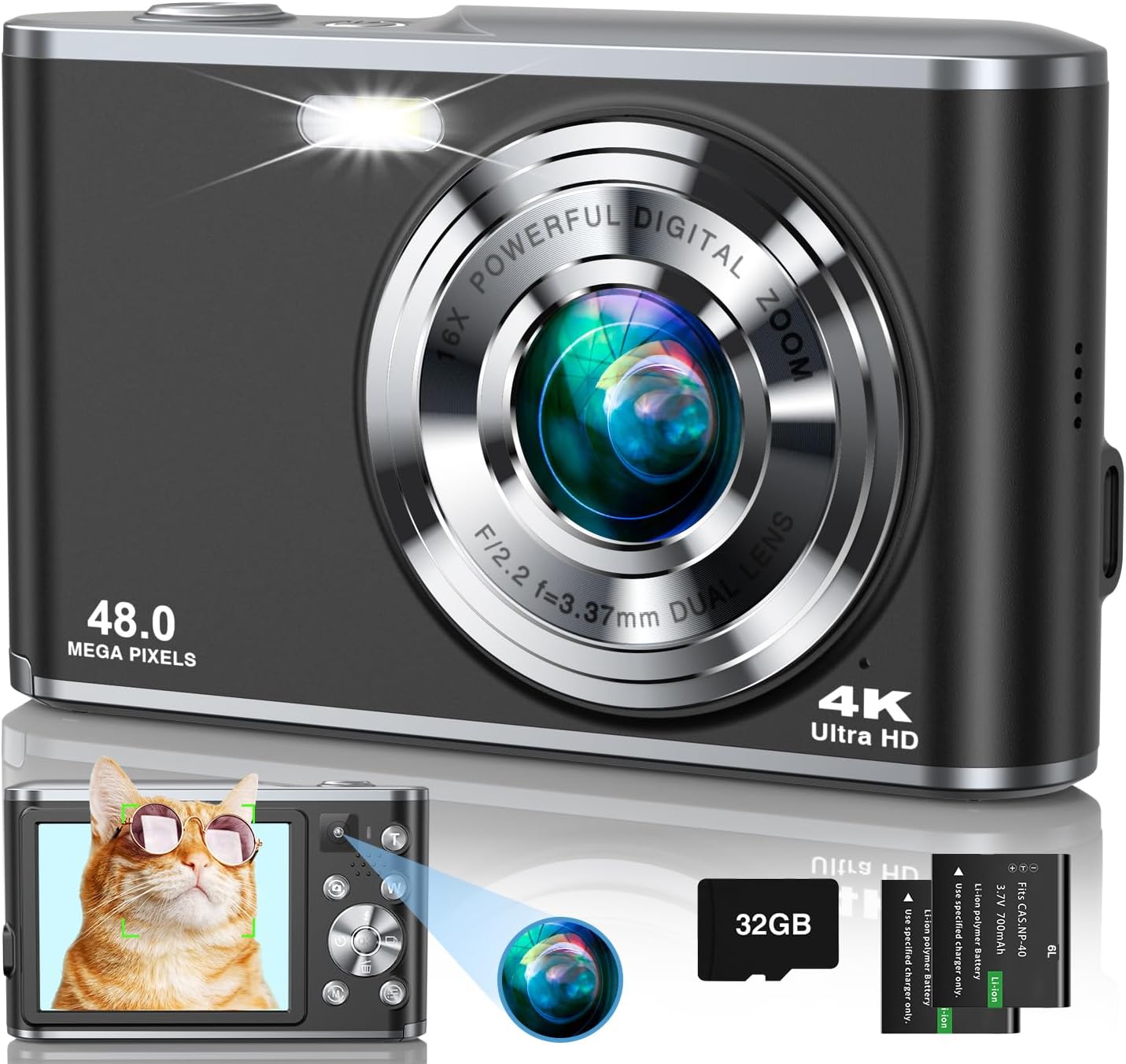 4K Digital Camera, 48MP Autofocus Kids Camera Selfie with Front and Rear Dual Lenses, 32GB Card, 2 Batteries, 16X Digital Zoom, Compact Travel Vlogging Video Camera for Kid Teen Beginner(Deep Black)