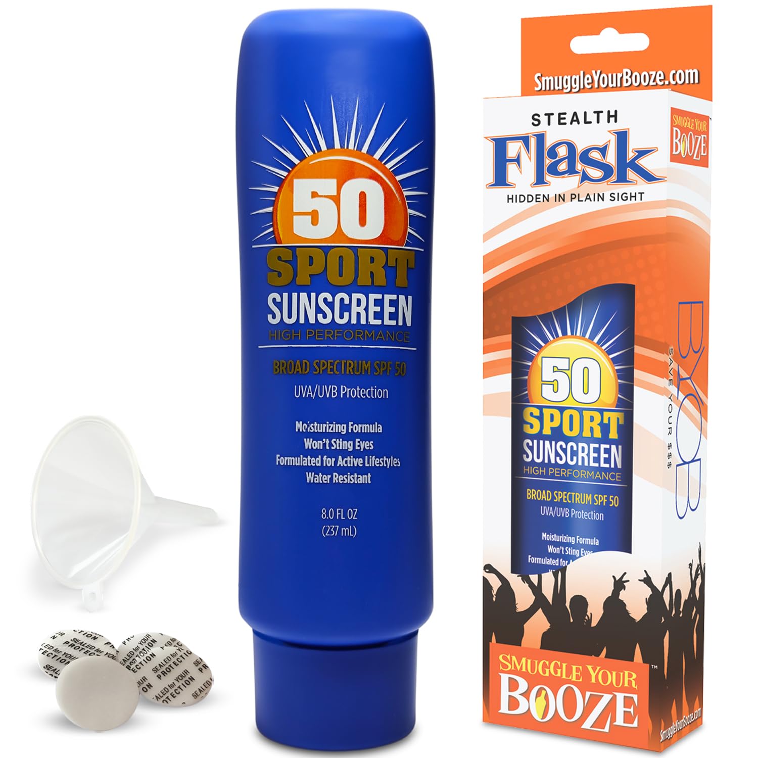 Secret Hidden SPF 50 Fake Sunscreen Lotion Flask by Smuggle Your Booze - 5 Tamper-Resistant Seals & Funnel BPA-Free Plastic Discreet Liquor Flasks for Concert Party, Cruise, Beach Essentials (8 fl oz)