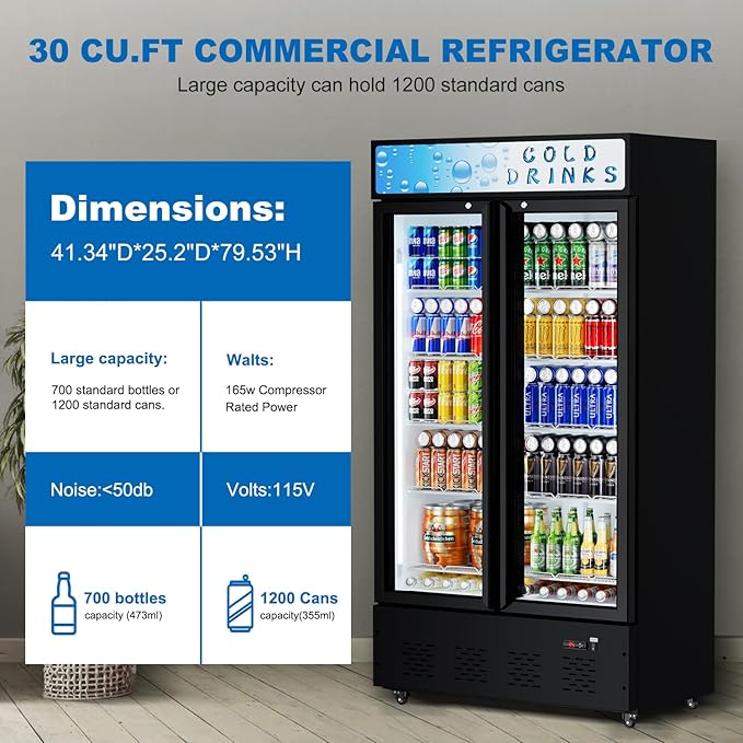 FreezLabs Commercial Glass Door Display Refrigerator 30 cu.ft Cooler Commercial Beverage Refrigerators with LED Light and 10 Shelves for Cafe, Restaurant, Store, Bar on Fridge.com
