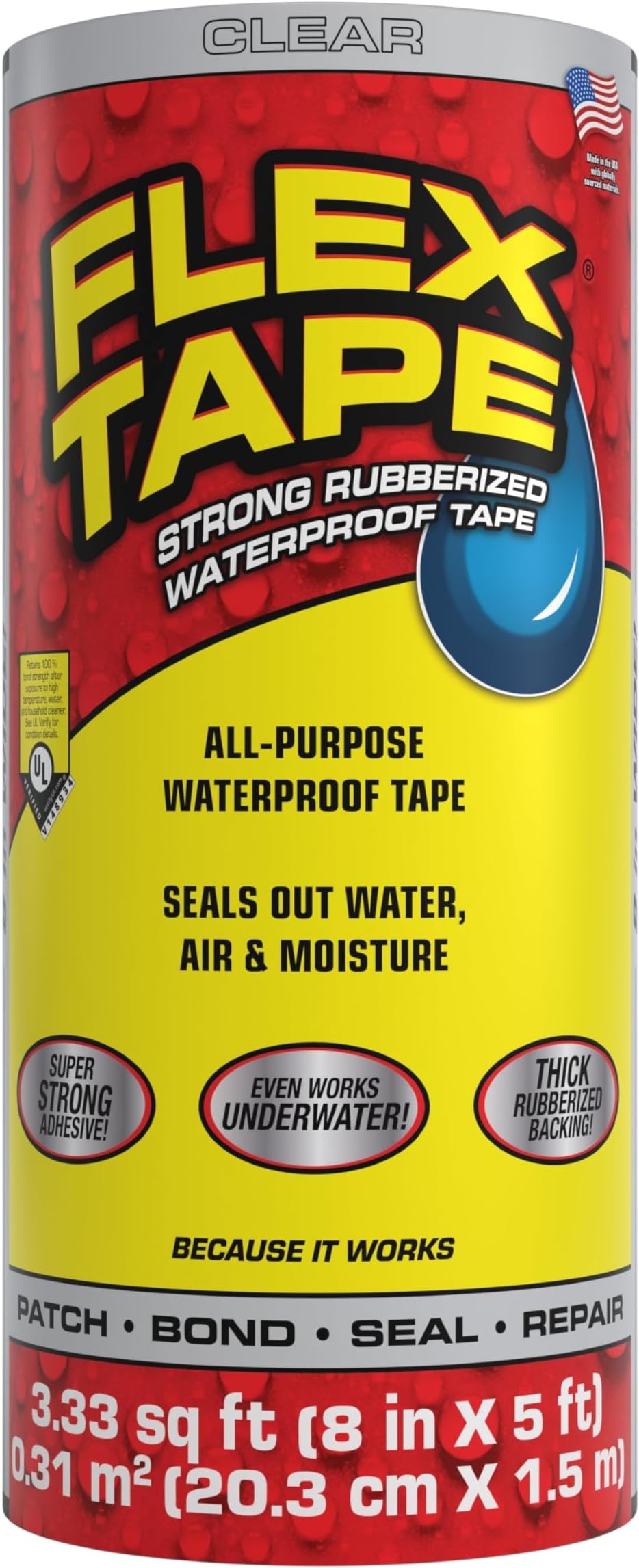 Flex Tape, Original Thick Flexible Rubberized Waterproof Tape - Seal and Patch Leaks, Works Underwater, Indoor Outdoor - Home RV Roof Plumbing and Pool Repairs, Clear, 8 in x 5 ft, Pack of 1