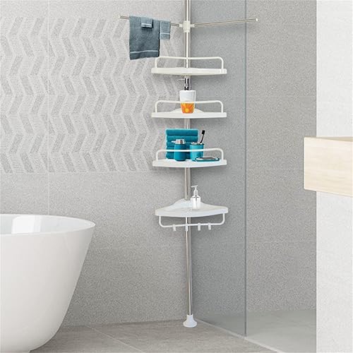 Miniatura 7 de WOQLIBE Organizador de ducha inoxidable para baño, 4 estantes ajustables con poste de tensión y ganchos, organizador de ducha esquinero resistente