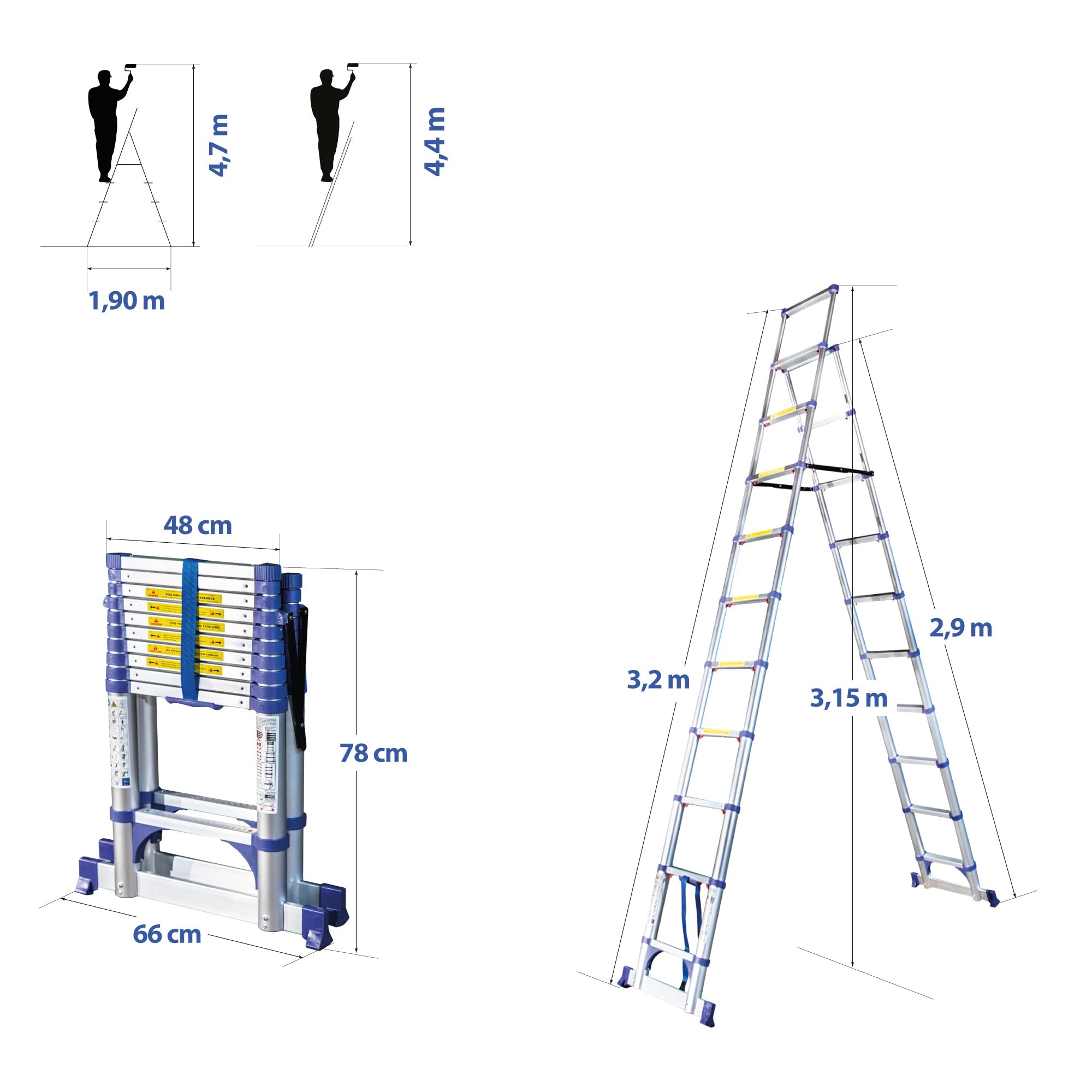 HOSTRÖM Escabeau 11 marches telescopique EXTENDACT11, Echelle telescopique 3.2m+2.9m, Pliable, Stabilisateur, H Max Travail 4.7m, Garantie 5 Ans
